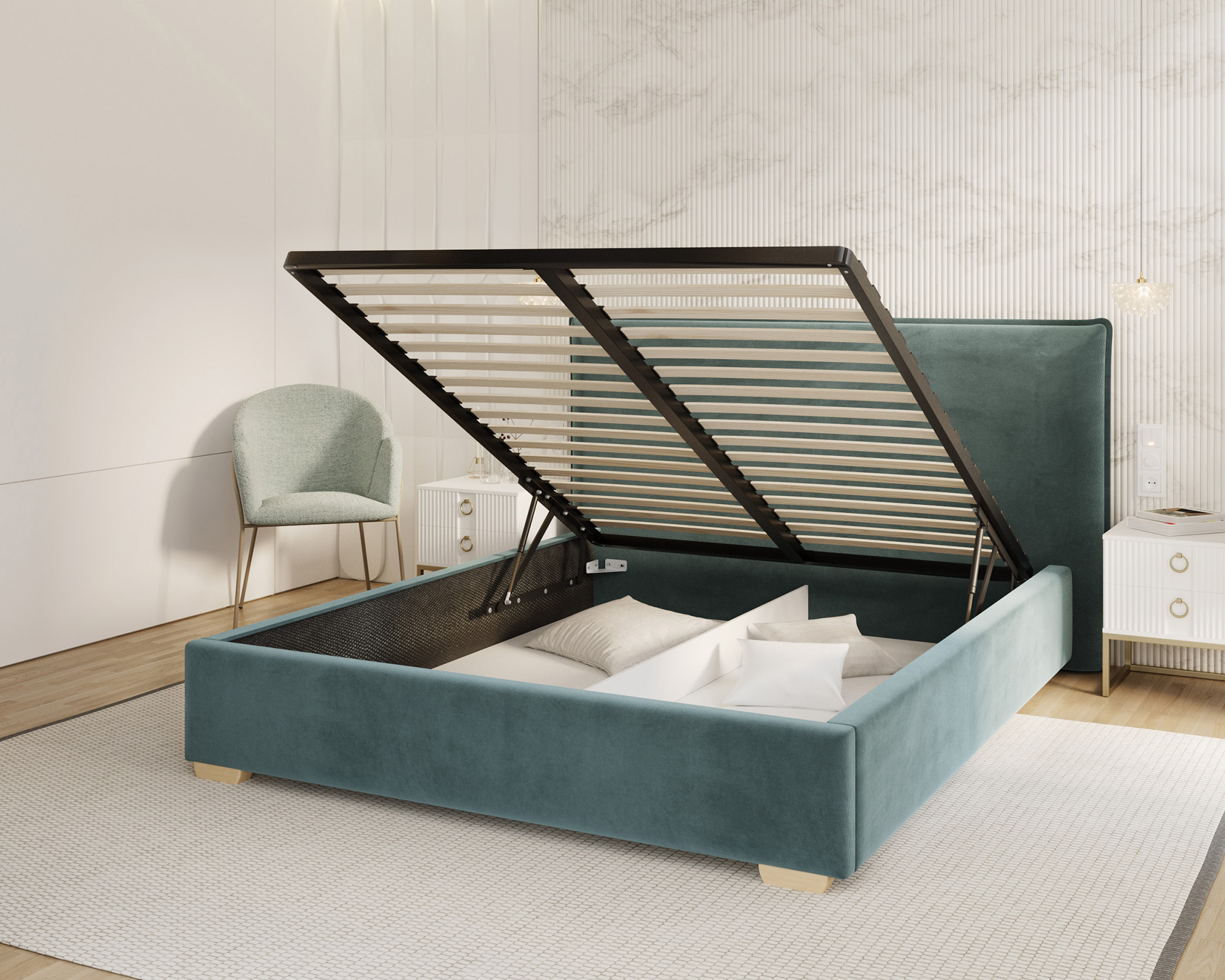 Čalouněná postel PERFETTO 140x200 s kovovým zdvižným roštem MODRÁ PARIS