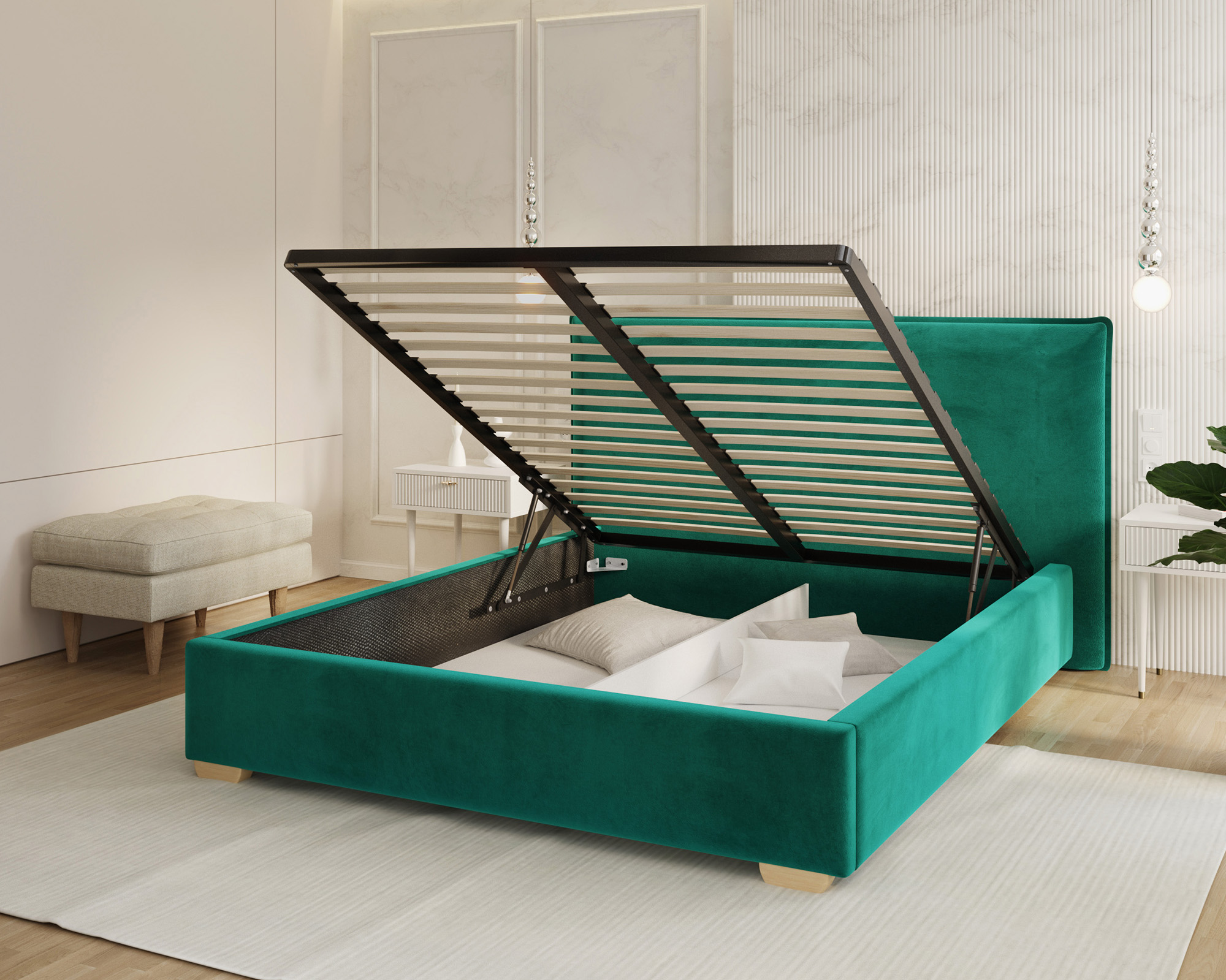 Čalouněná postel PERFETTO 180x200 s kovovým zdvižným roštem TYRKYSOVÁ PARIS