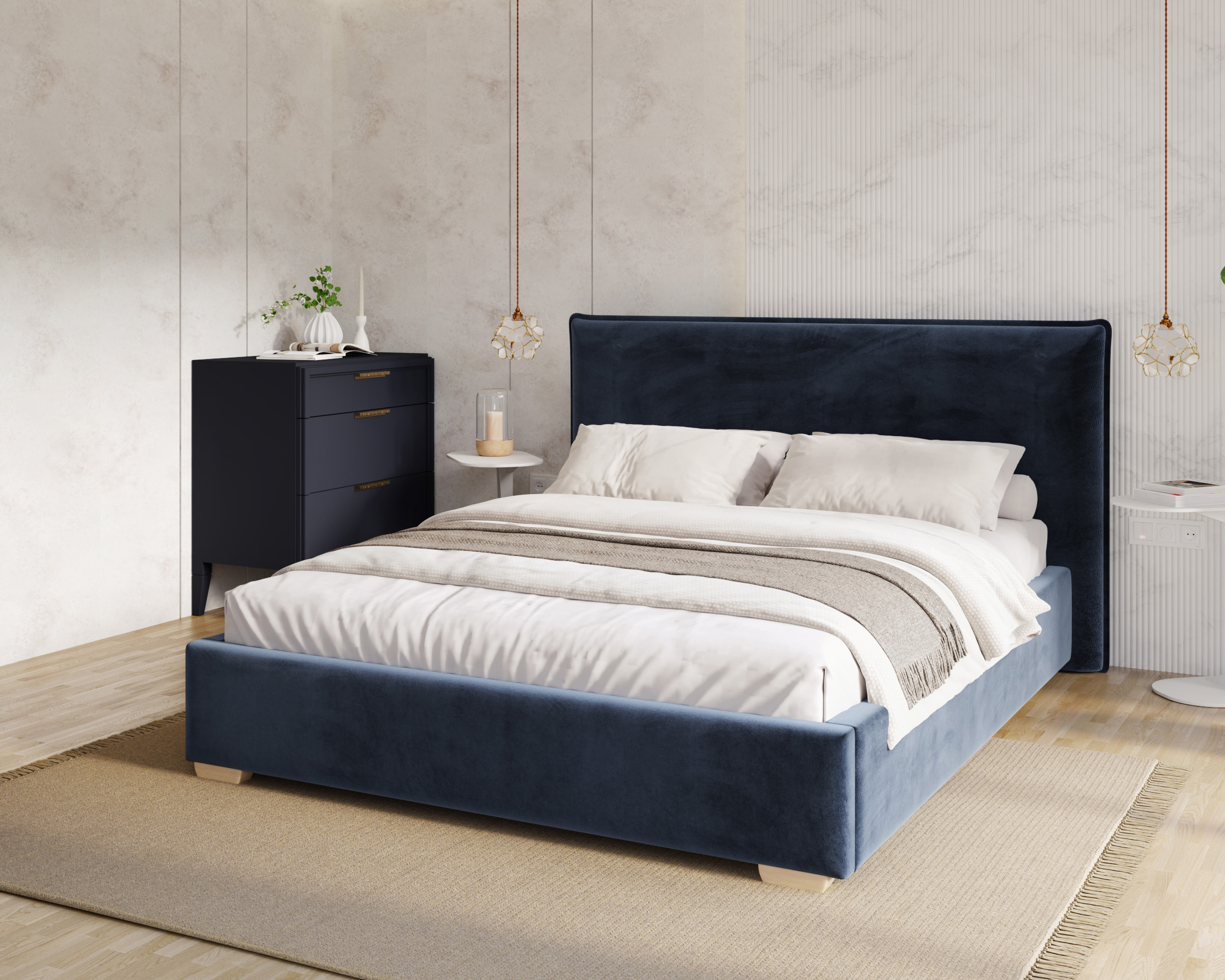 Čalouněná postel PERFETTO 140x200 s kovovým zdvižným roštem TMAVĚ MODRÁ PARIS