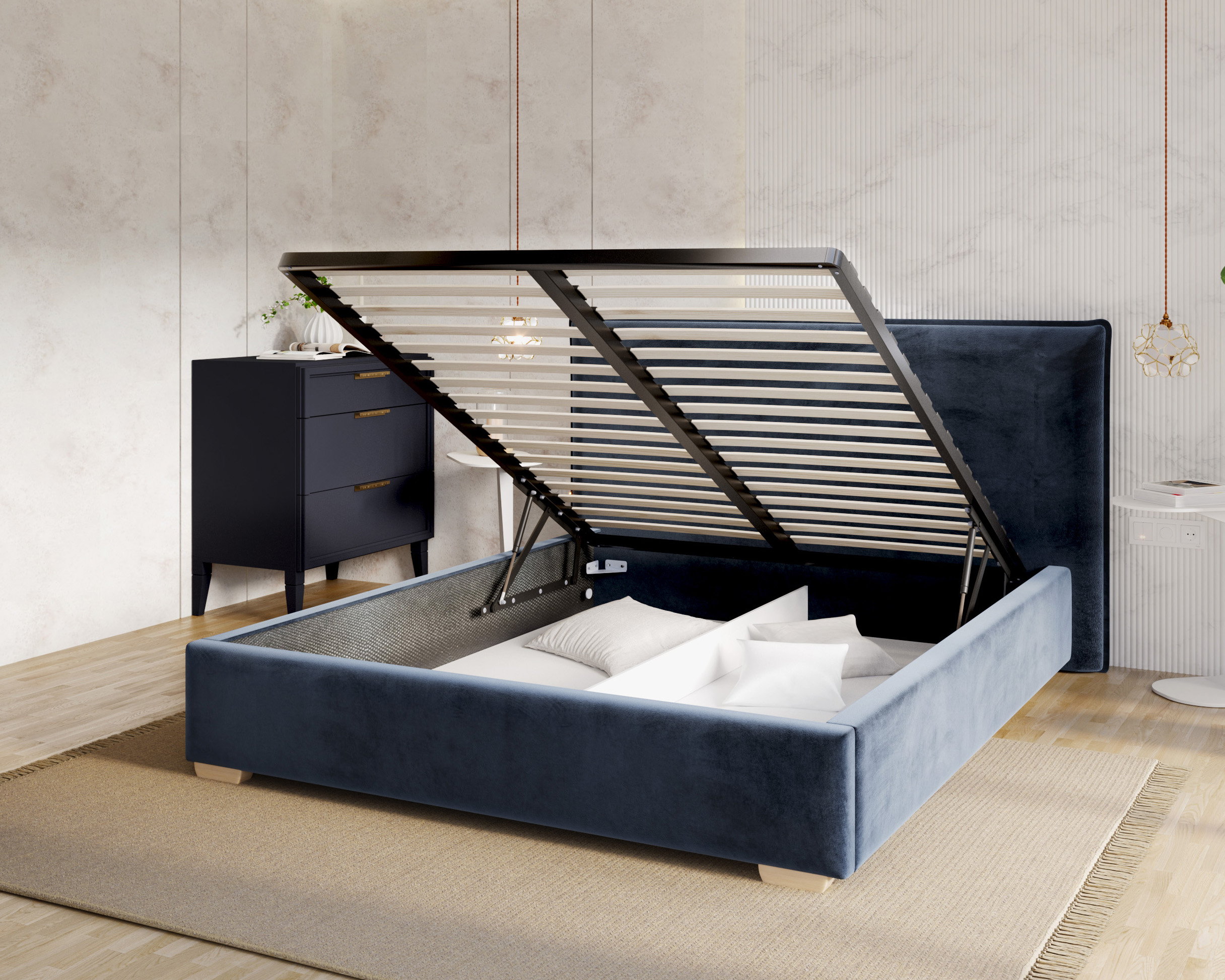 Čalouněná postel PERFETTO 160x200 s kovovým zdvižným roštem TMAVĚ MODRÁ PARIS