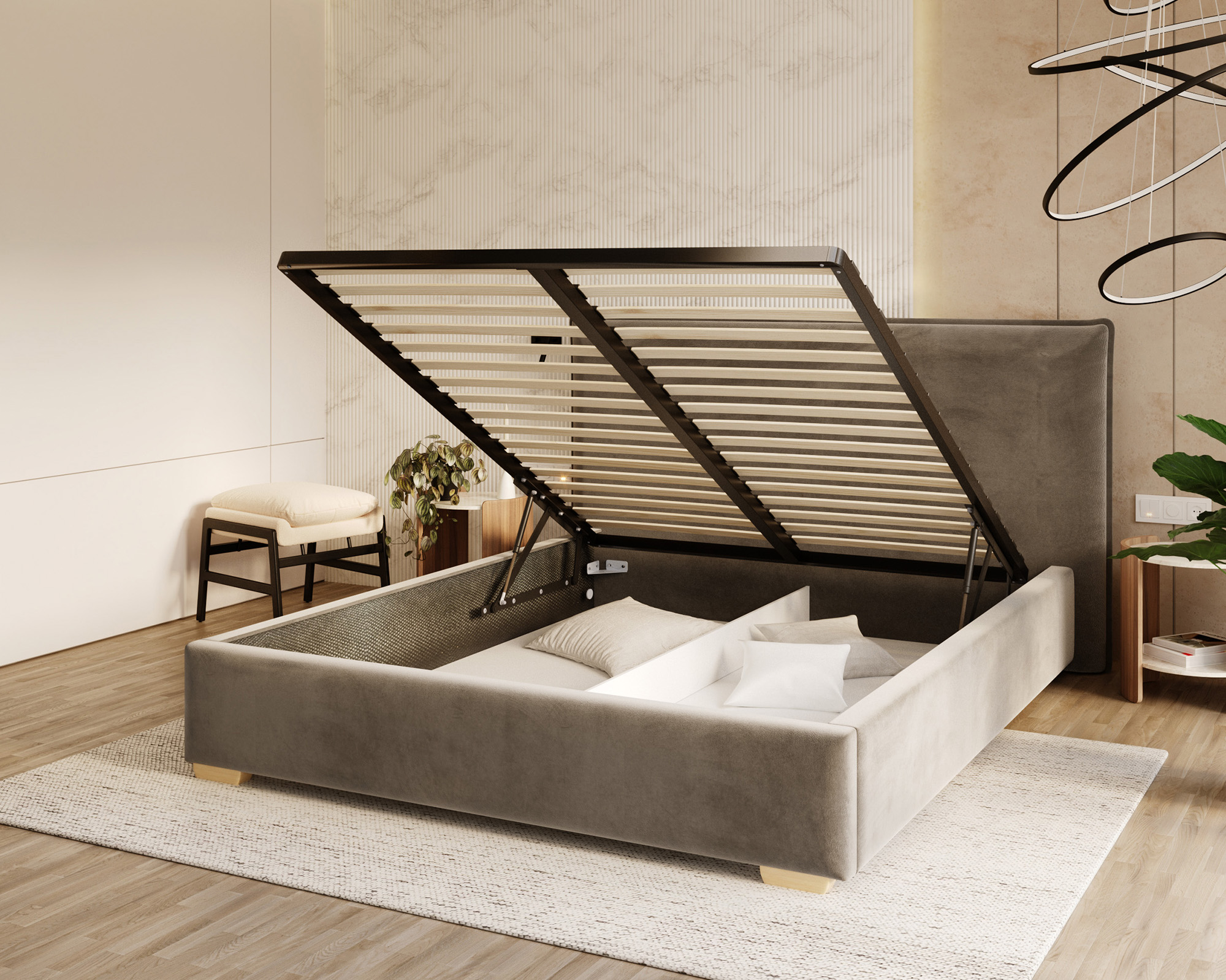 Čalouněná postel PERFETTO 180x200 s kovovým zdvižným roštem TMAVĚ ŠEDÁ PARIS