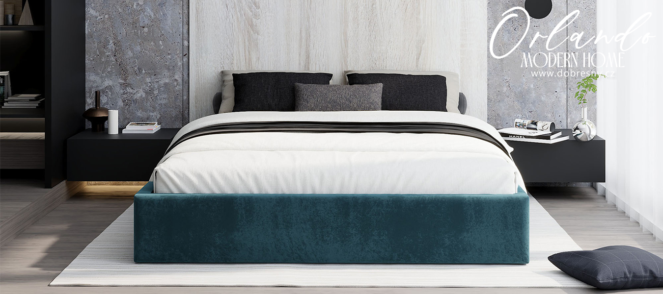 Čalouněná postel ORLANDO 90x200 Modrá PARIS s úložným prostorem kovový rošt