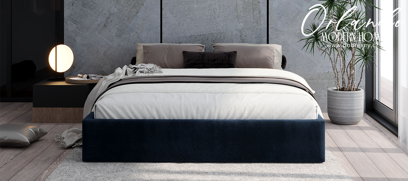 Čalouněná postel ORLANDO 90x200 Tmavě modrá PARIS s úložným prostorem kovový rošt