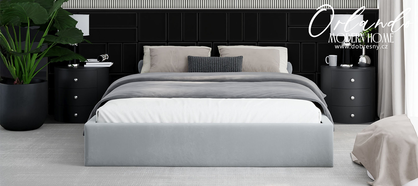 Čalouněná postel ORLANDO 90x200 Světle šedá PARIS s úložným prostorem kovový rošt