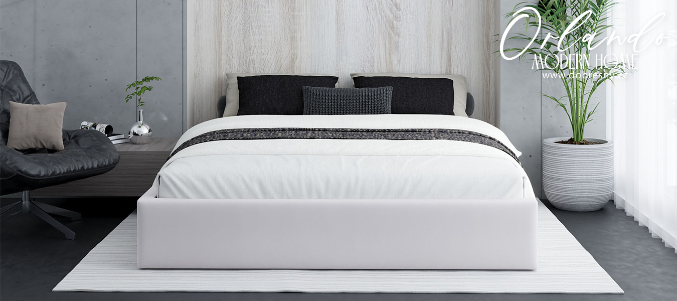 Čalouněná postel ORLANDO 140x200 Bílá PARIS s úložným prostorem kovový rošt