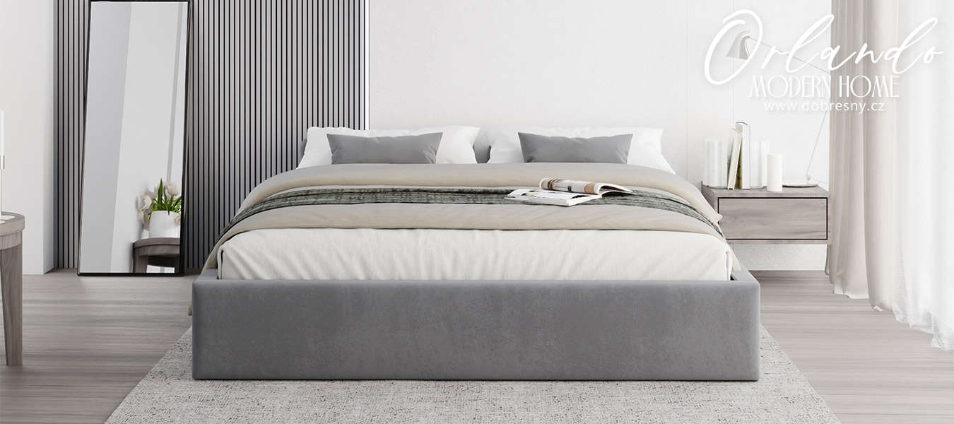 Čalouněná postel ORLANDO 140x200 Šedá PARIS s úložným prostorem kovový rošt
