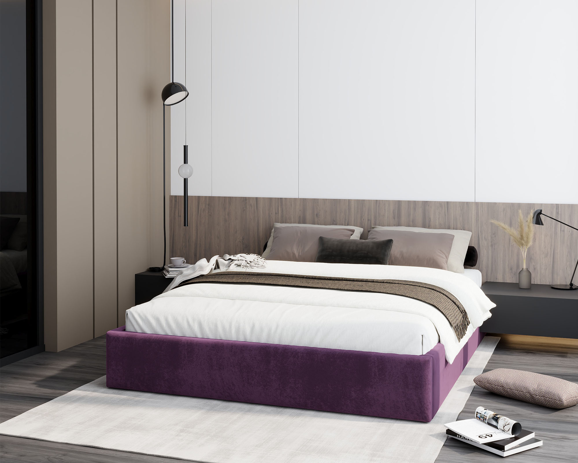 Čalouněná postel ORLANDO 180x200 Tmavě fialová PARIS s úložným prostorem kovový rošt