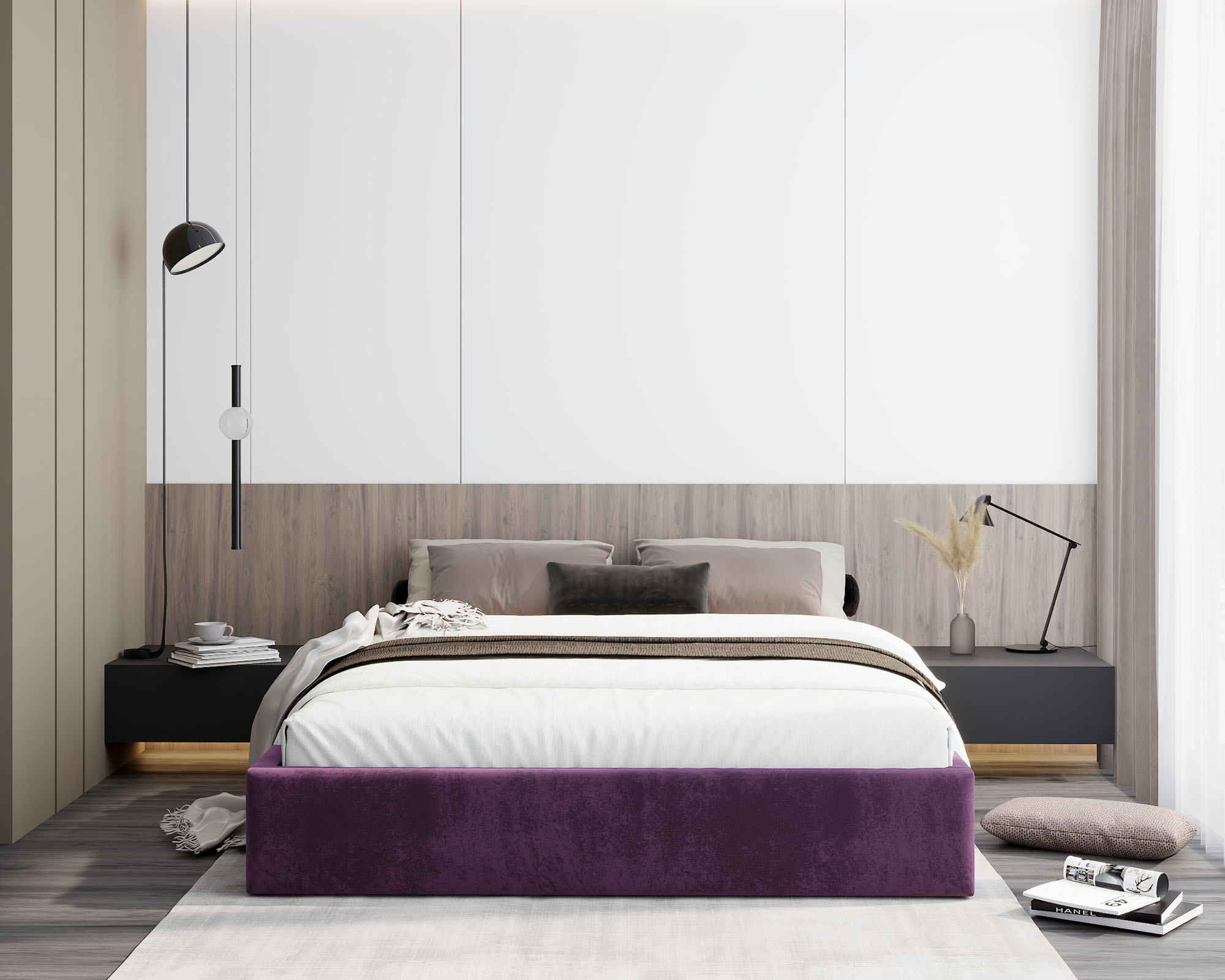 Čalouněná postel ORLANDO 180x200 Tmavě fialová PARIS s úložným prostorem kovový rošt