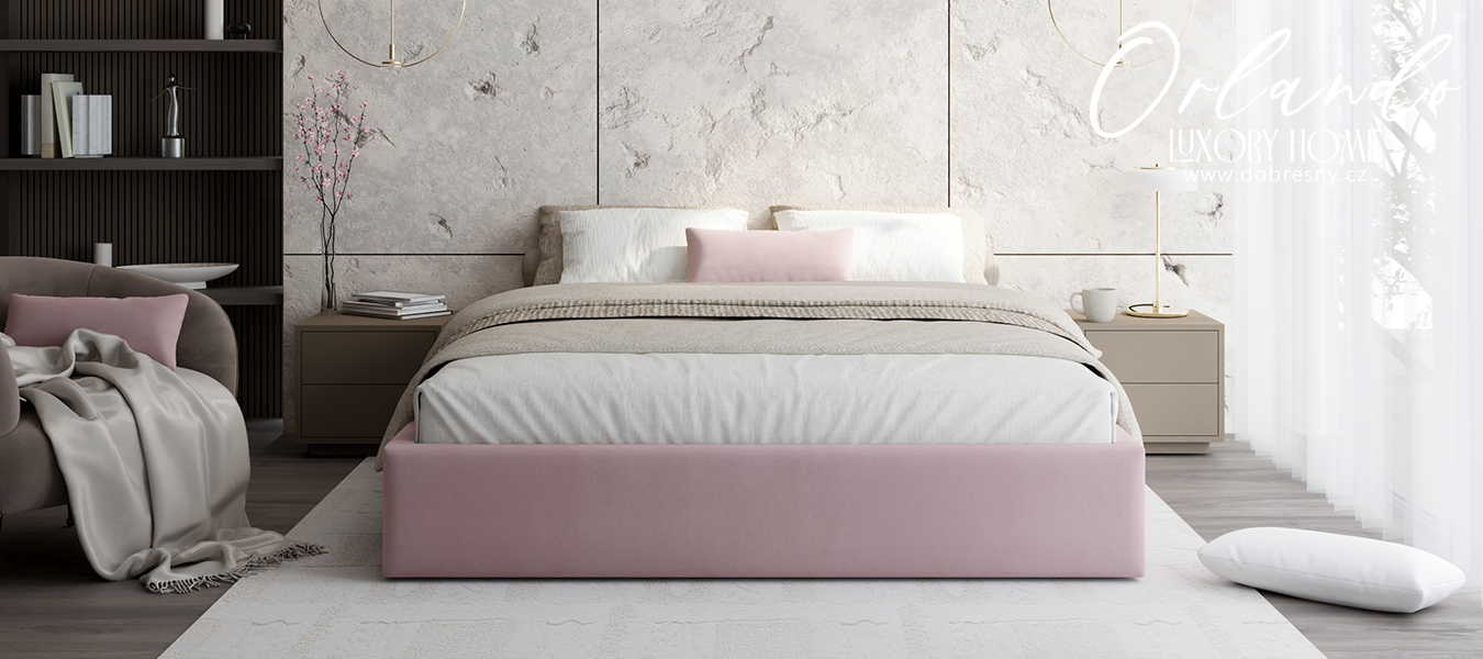 Čalouněná postel ORLANDO 140x200 Růžová TRINITY s úložným prostorem kovový rošt