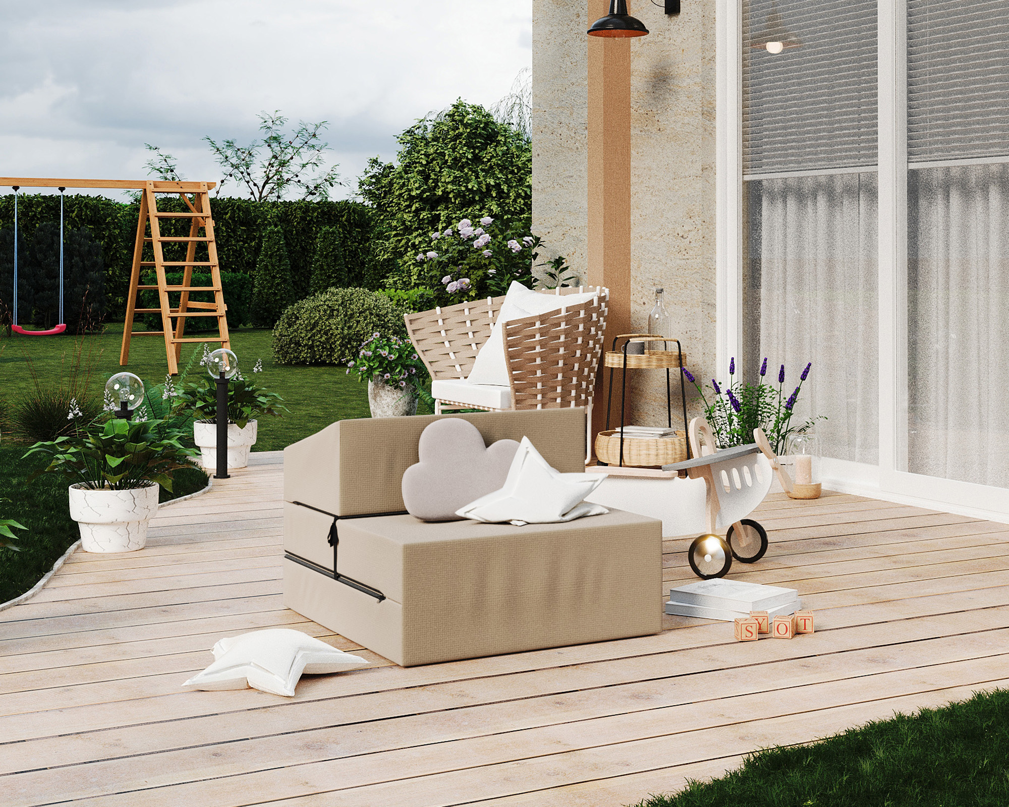 Rozkládací zahradní pohovka SUZI GARDEN BÉŽOVÁ voděodolná 70x200 výška 9 cm