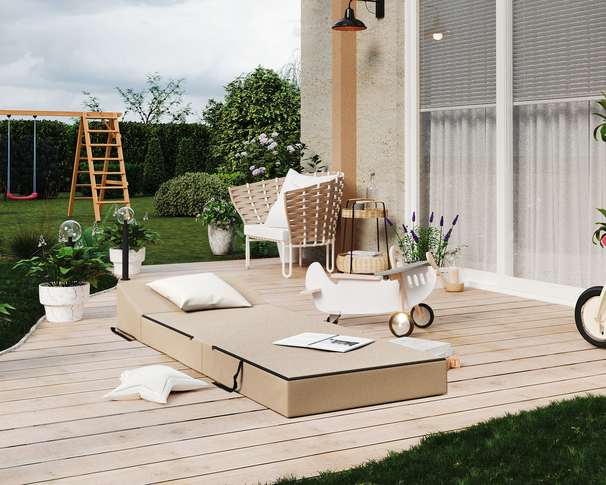 Rozkládací zahradní pohovka SUZI GARDEN BÉŽOVÁ voděodolná 70x200 výška 9 cm