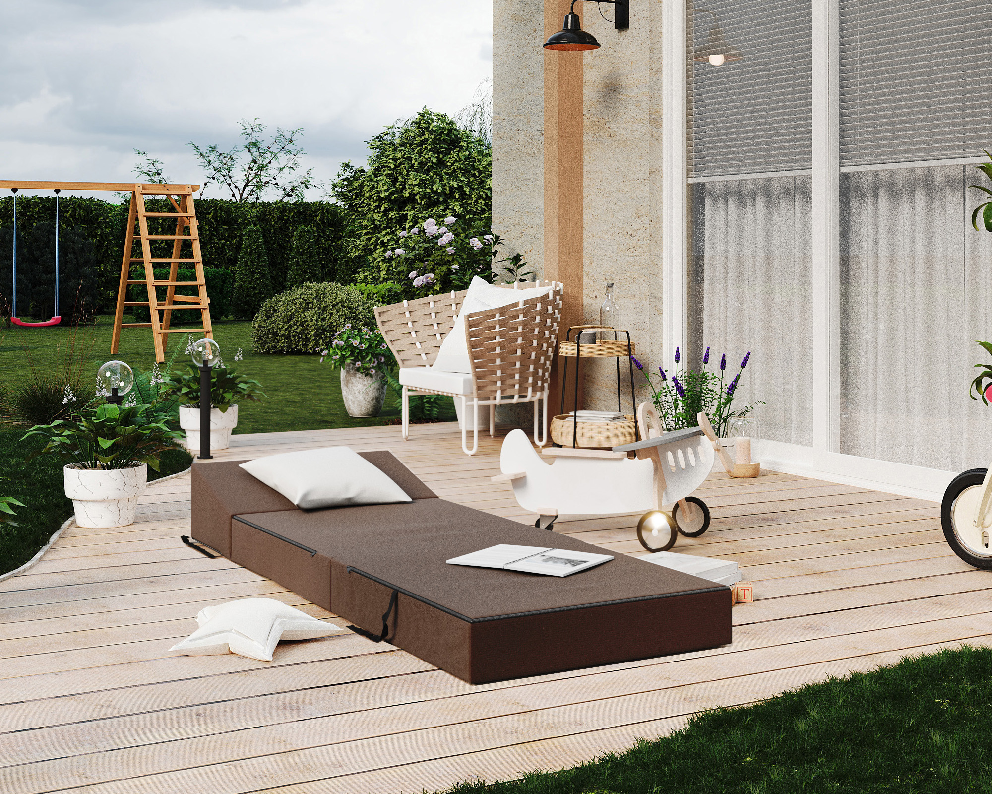 Rozkládací zahradní pohovka SUZI GARDEN HNĚDÁ voděodolná 70x200 výška 9 cm