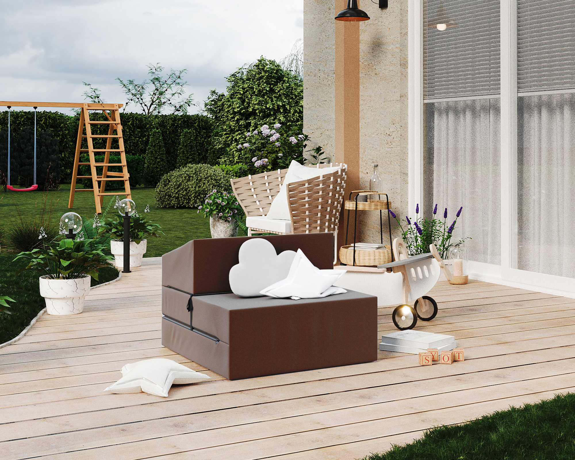 Rozkládací zahradní pohovka SUZI GARDEN HNĚDÁ voděodolná 70x200 výška 14 cm