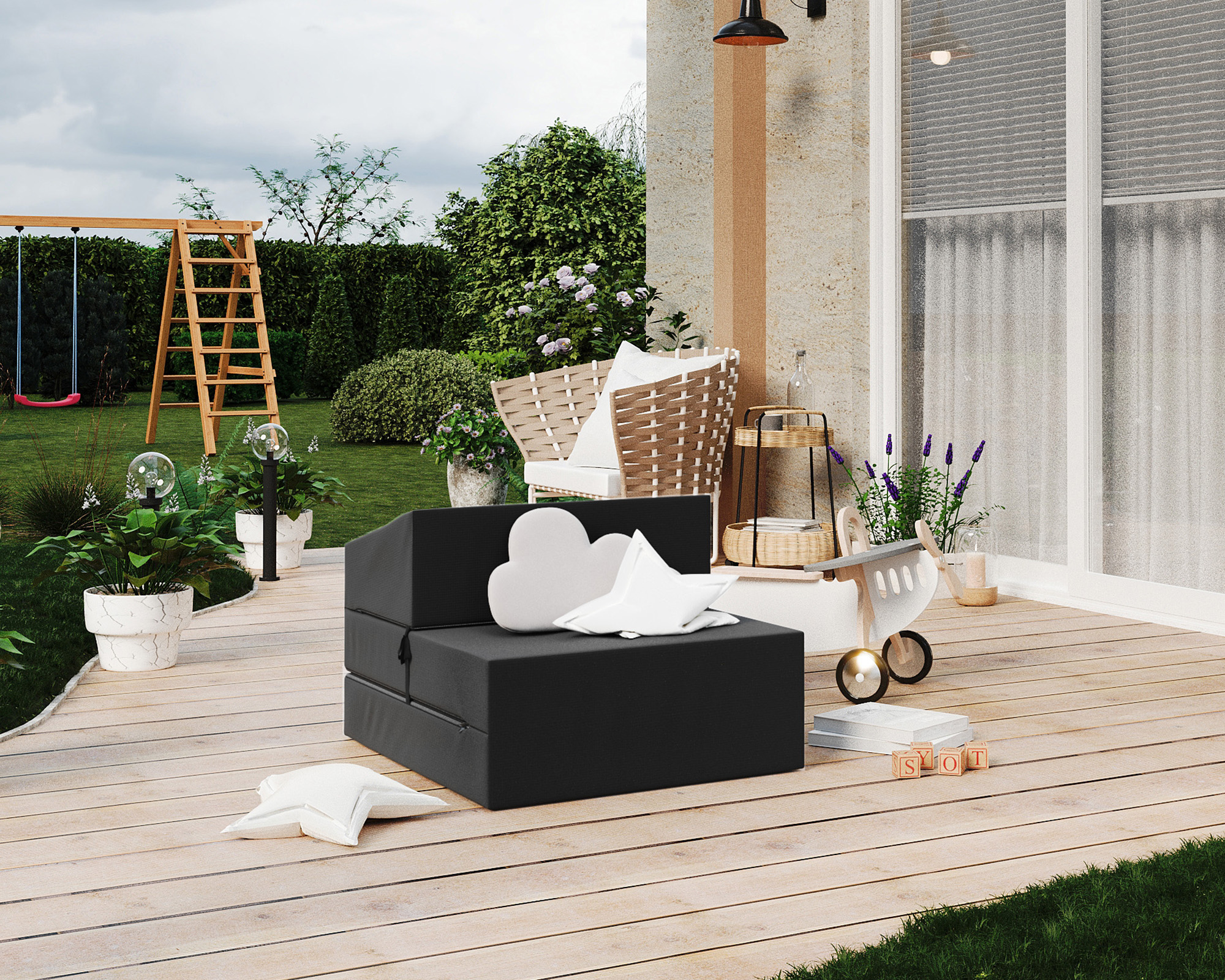 Rozkládací zahradní pohovka SUZI GARDEN ČERNÁ voděodolná 70x200 výška 14 cm