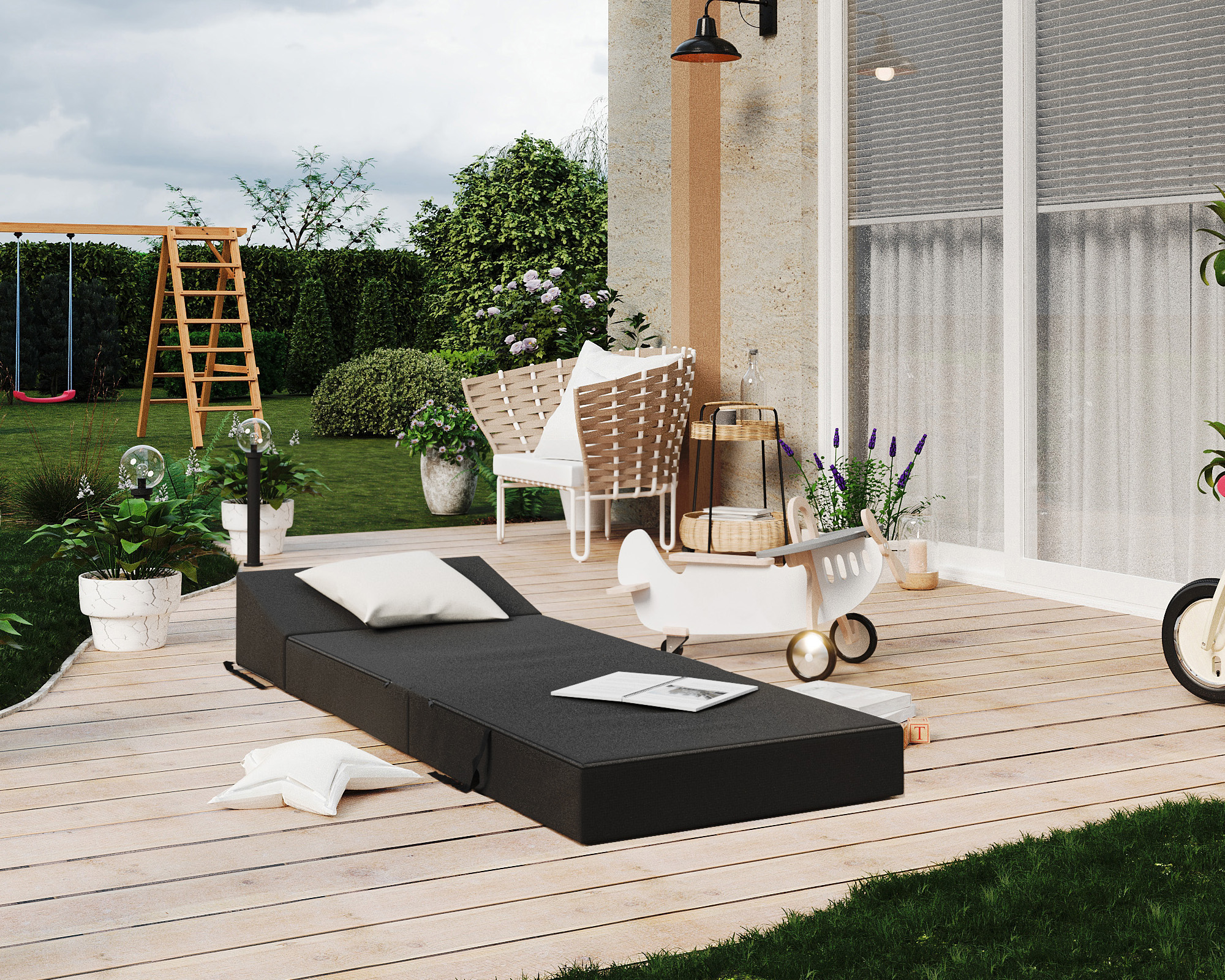 Rozkládací zahradní pohovka SUZI GARDEN ČERNÁ voděodolná 70x200 výška 14 cm