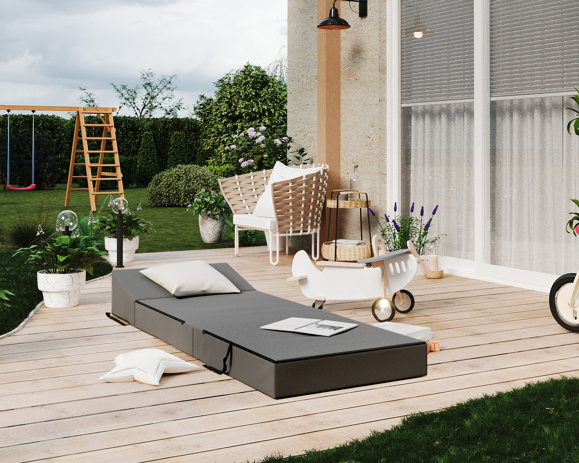 Rozkládací zahradní pohovka SUZI GARDEN ŠEDÁ voděodolná 70x200 výška 14 cm