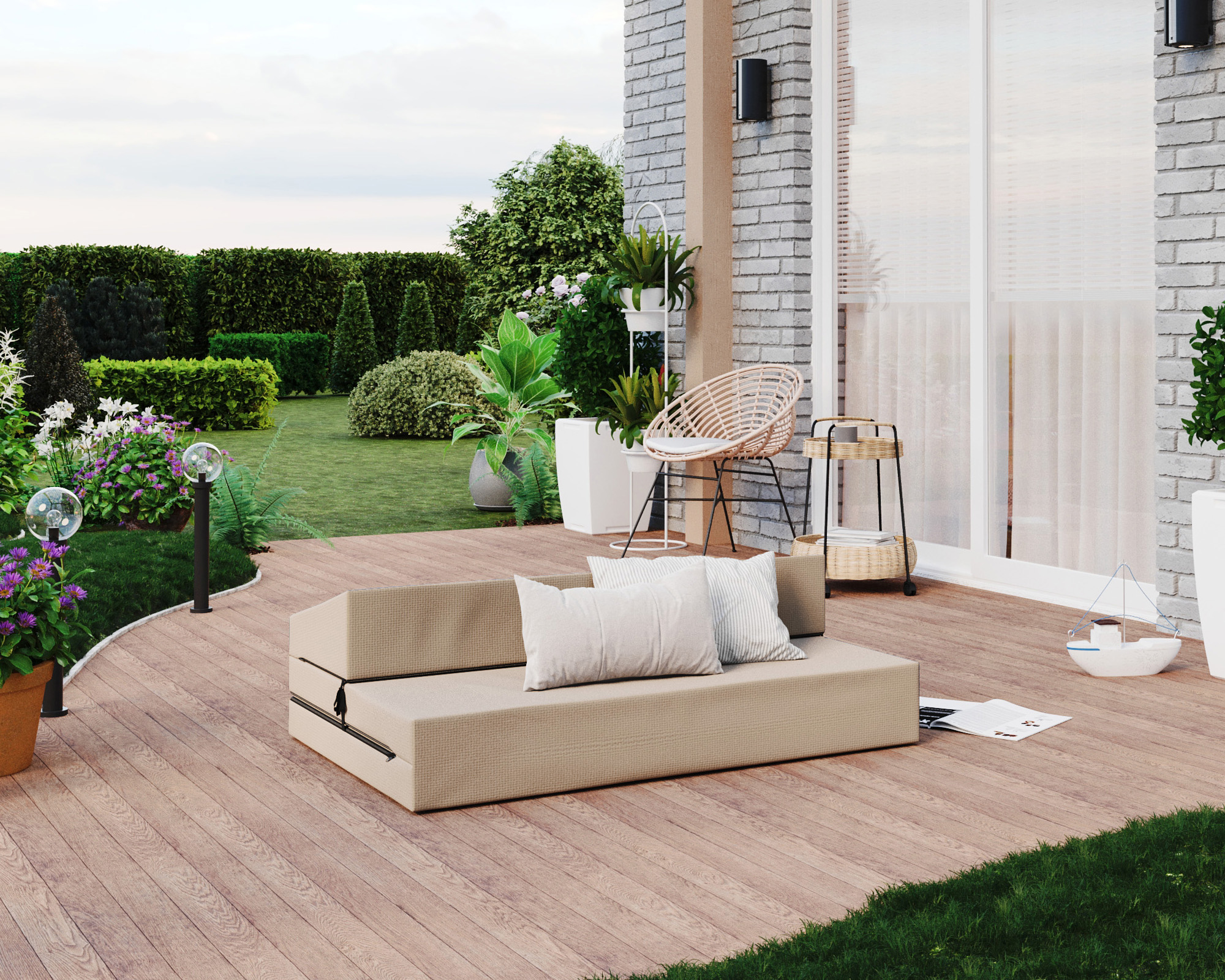 Rozkládací zahradní pohovka SUZI GARDEN BÉŽOVÁ voděodolná 120x200 výška 9 cm