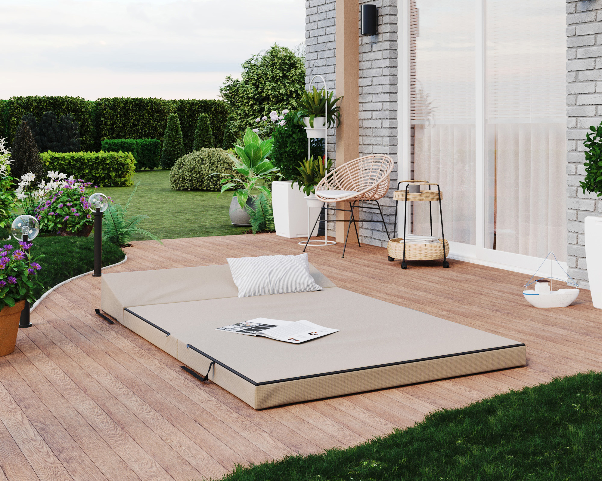 Rozkládací zahradní pohovka SUZI GARDEN BÉŽOVÁ voděodolná 120x200 výška 9 cm