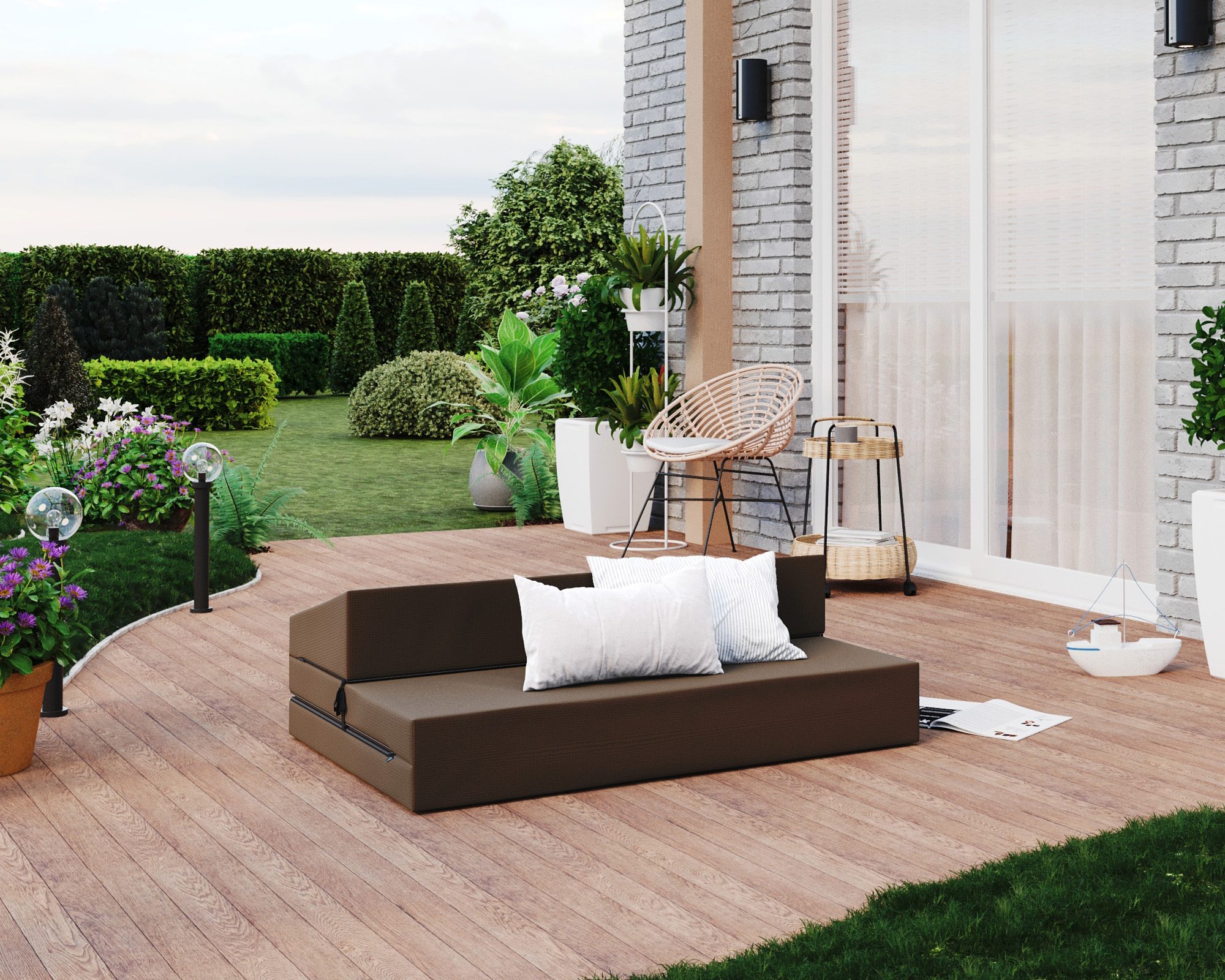 Rozkládací zahradní pohovka SUZI GARDEN HNĚDÁ voděodolná 120x200 výška 9 cm