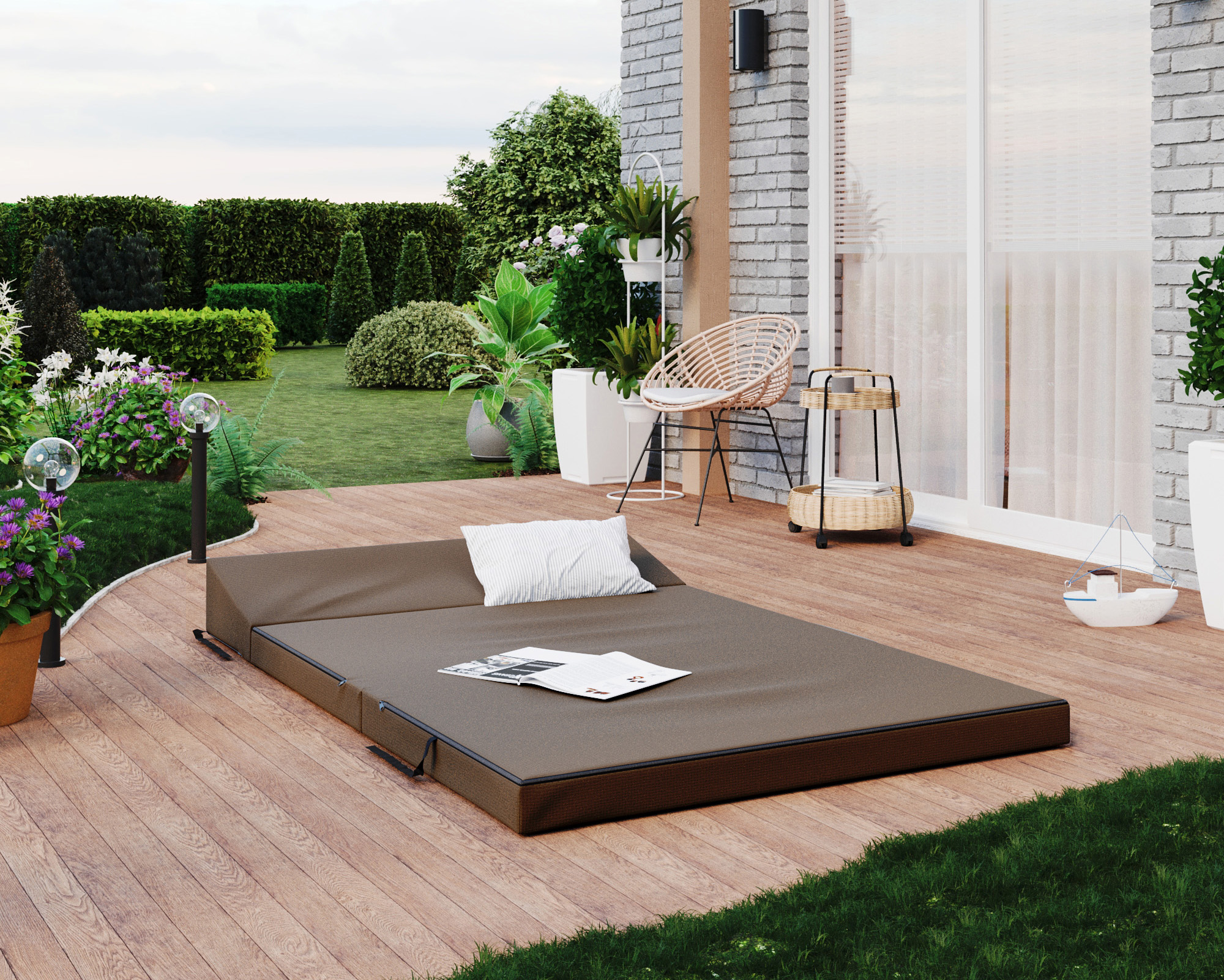 Rozkládací zahradní pohovka SUZI GARDEN HNĚDÁ voděodolná 120x200 výška 9 cm