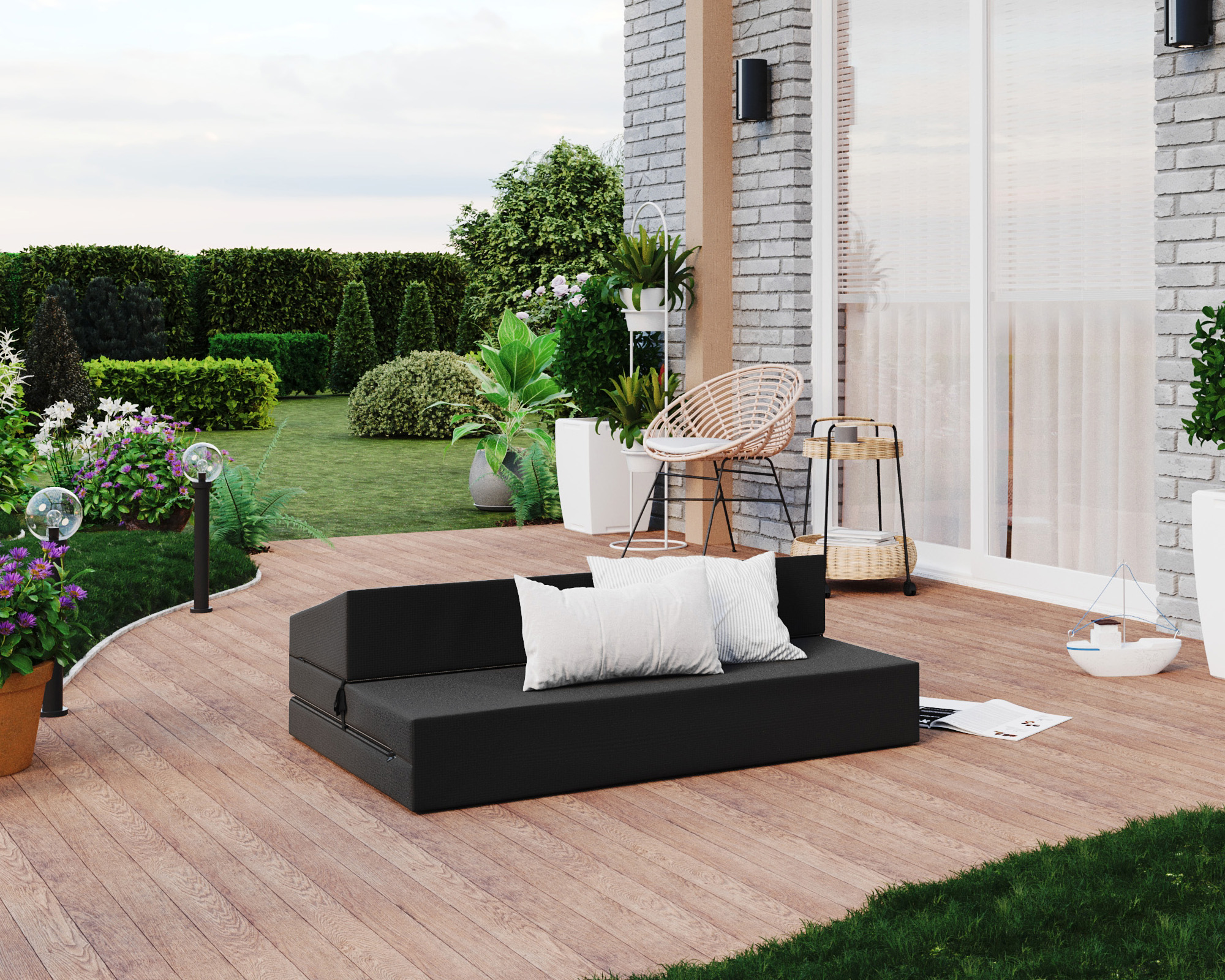 Rozkládací zahradní pohovka SUZI GARDEN ČERNÁ voděodolná 120x200 výška 9 cm