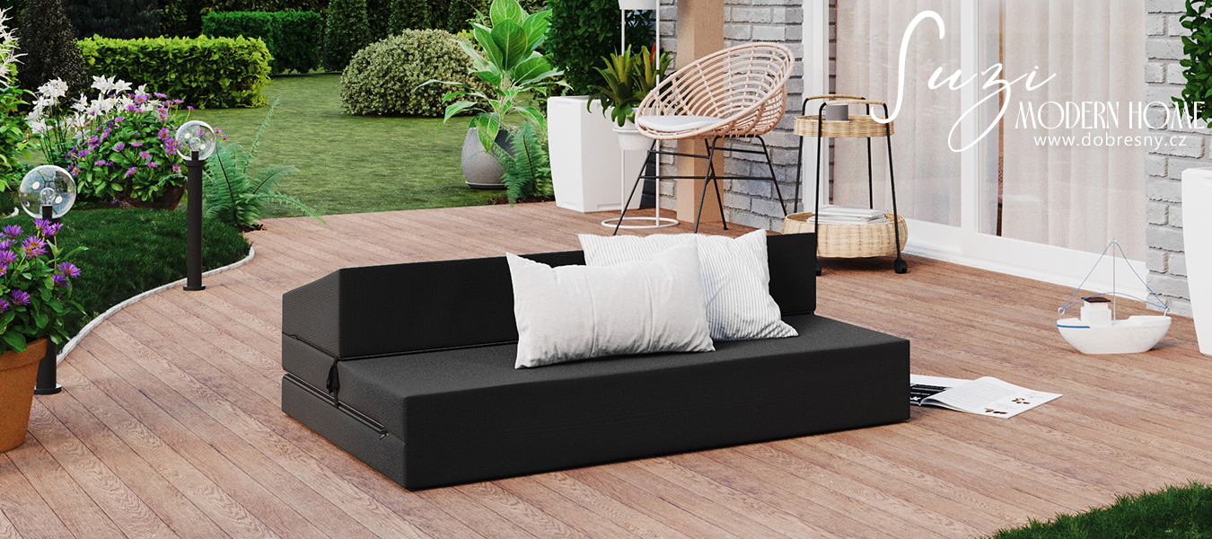 Rozkládací zahradní pohovka SUZI GARDEN ČERNÁ voděodolná 120x200 výška 9 cm