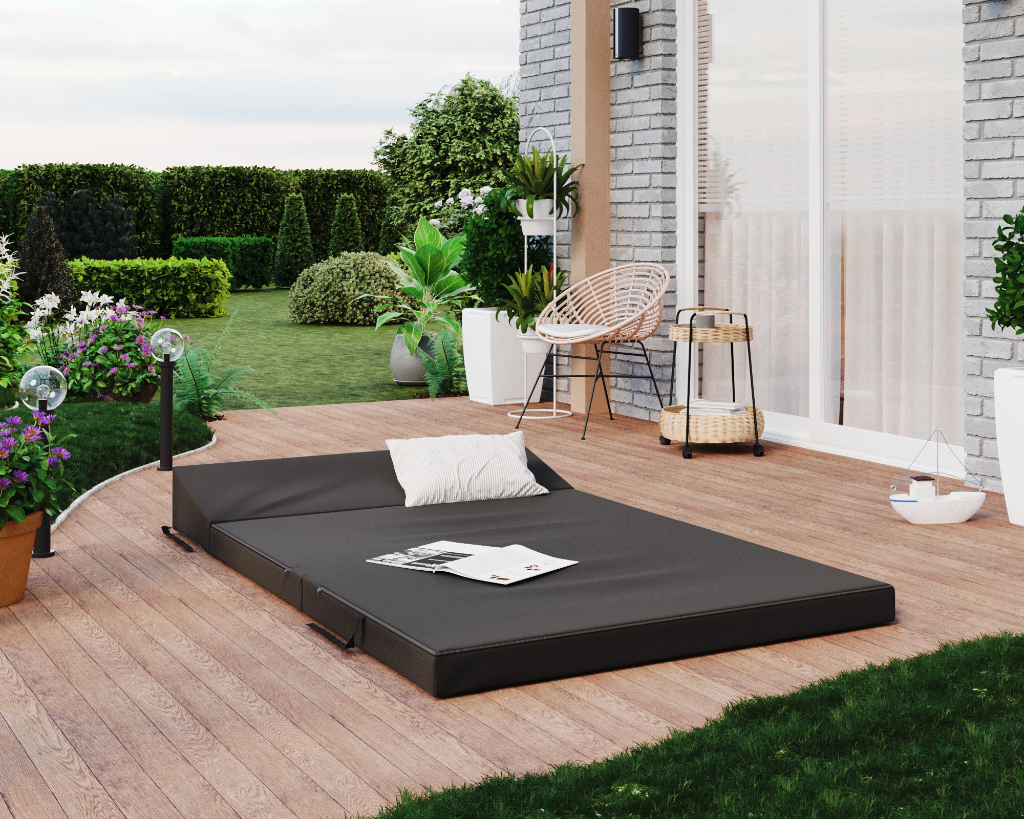 Rozkládací zahradní pohovka SUZI GARDEN ČERNÁ voděodolná 120x200 výška 9 cm