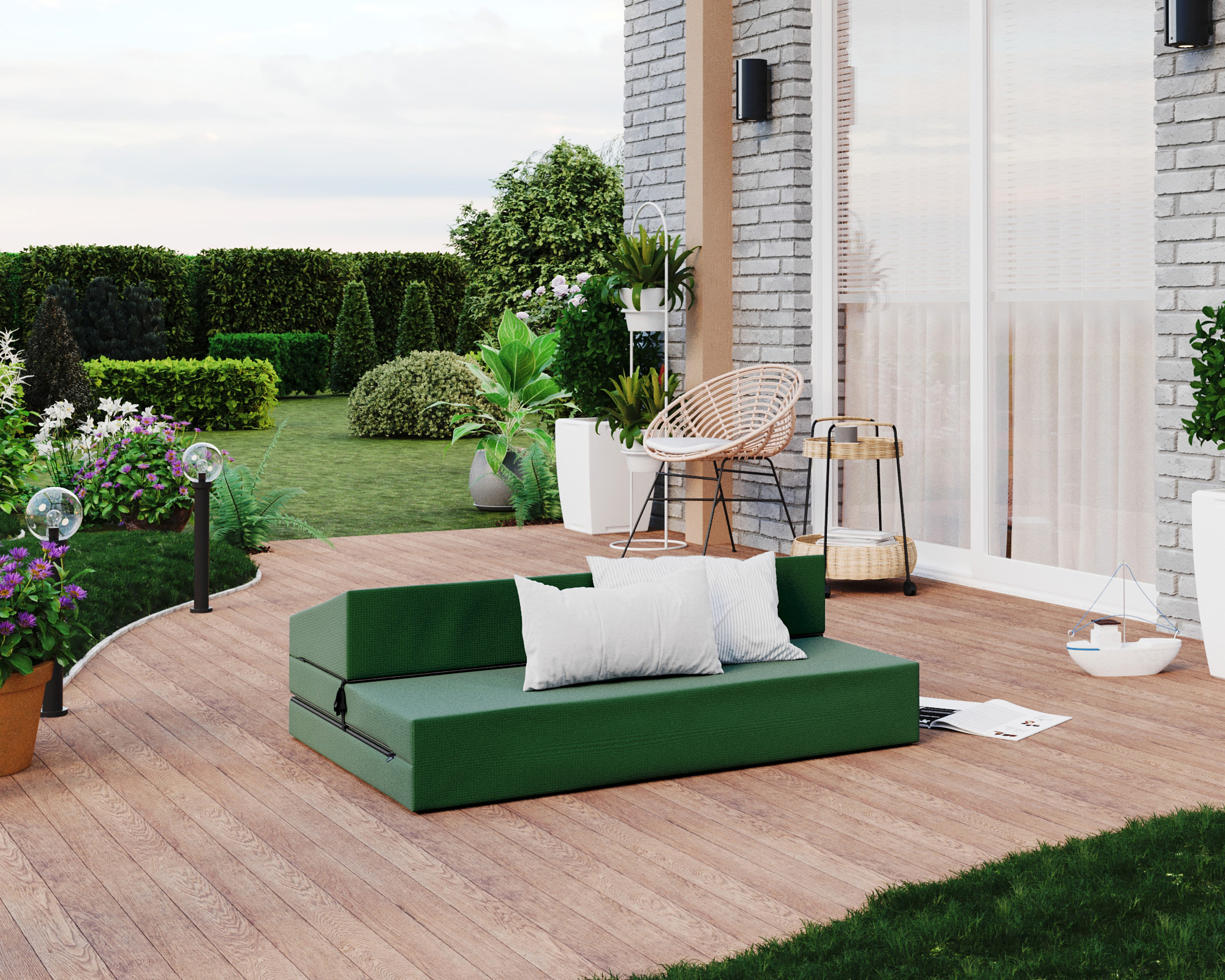 Rozkládací zahradní pohovka SUZI GARDEN ZELENÁ voděodolná 120x200 výška 9 cm