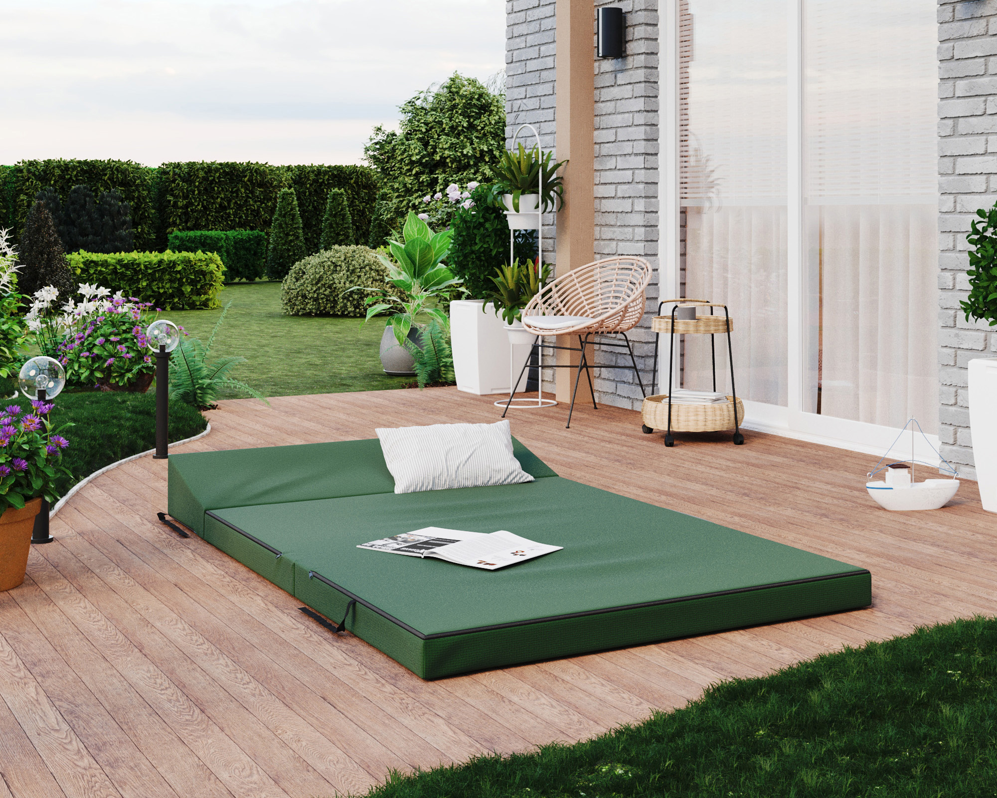 Rozkládací zahradní pohovka SUZI GARDEN ZELENÁ voděodolná 120x200 výška 9 cm