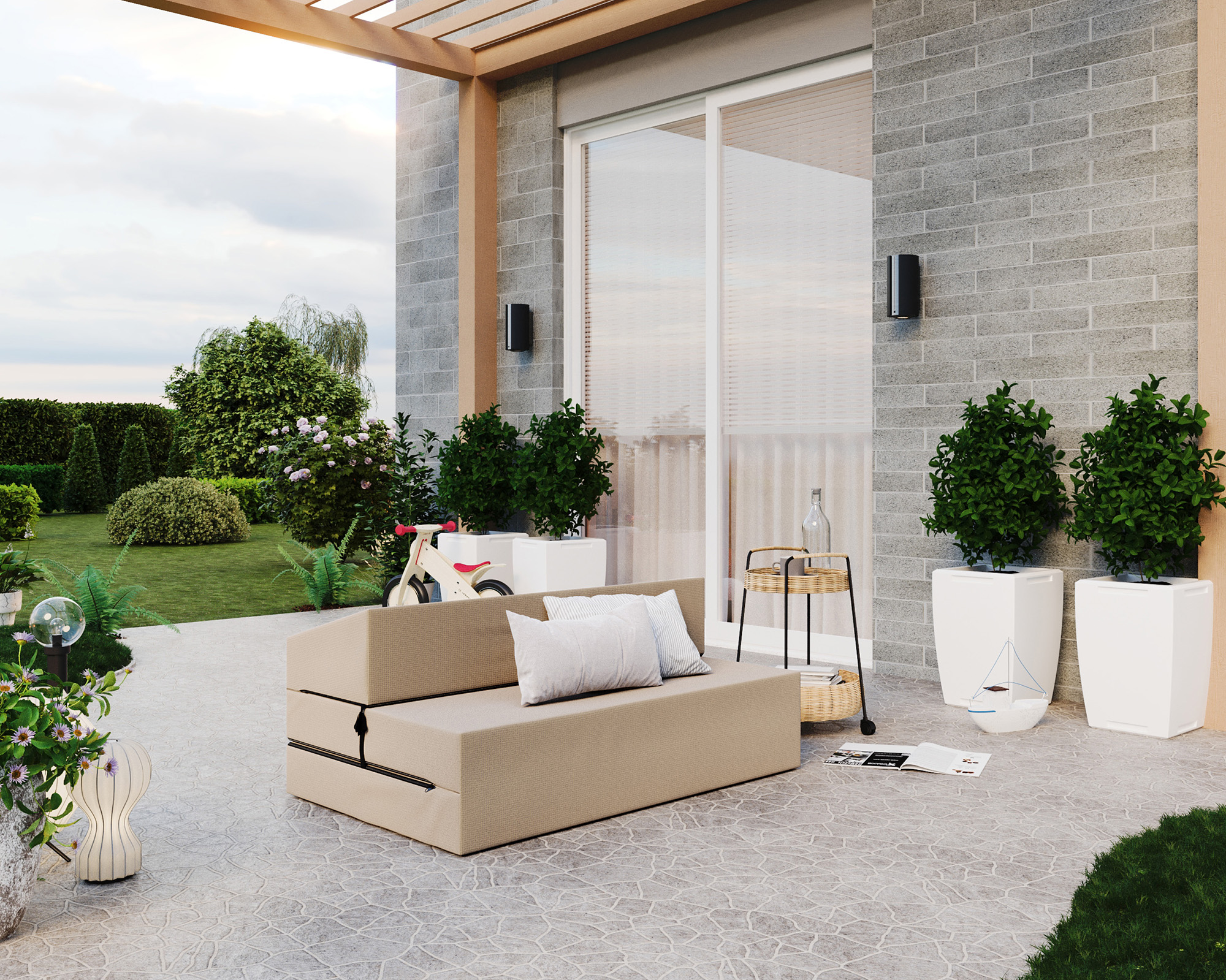 Rozkládací zahradní pohovka SUZI GARDEN BÉŽOVÁ voděodolná 120x200 výška 14 cm