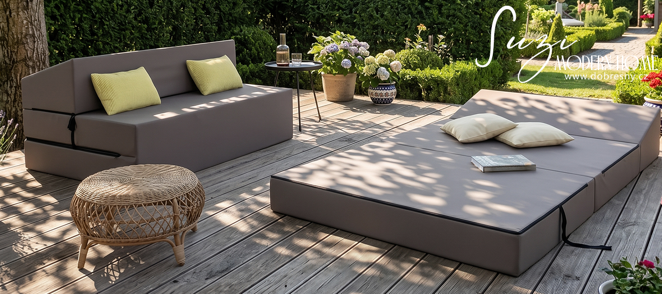 Rozkládací zahradní pohovka SUZI GARDEN BÉŽOVÁ voděodolná 120x200 výška 14 cm