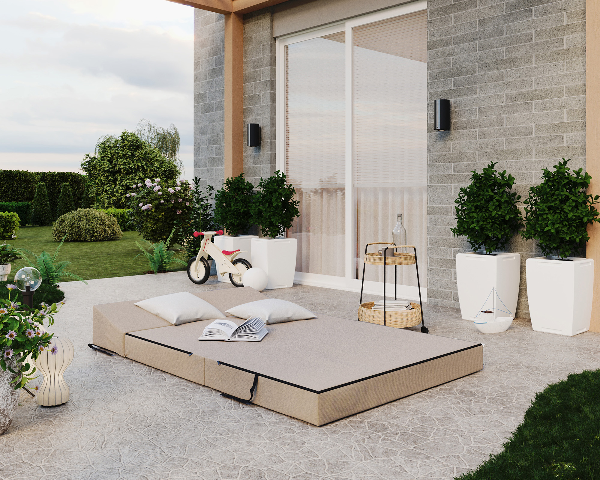 Rozkládací zahradní pohovka SUZI GARDEN BÉŽOVÁ voděodolná 120x200 výška 14 cm