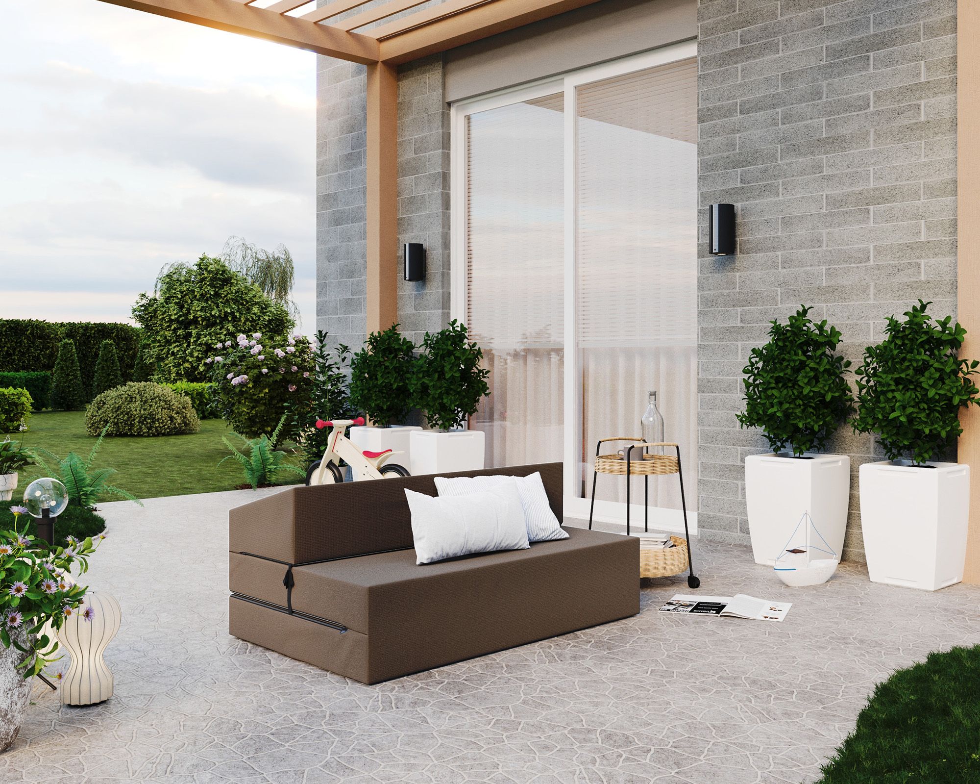 Rozkládací zahradní pohovka SUZI GARDEN HNĚDÁ voděodolná 120x200 výška 14 cm