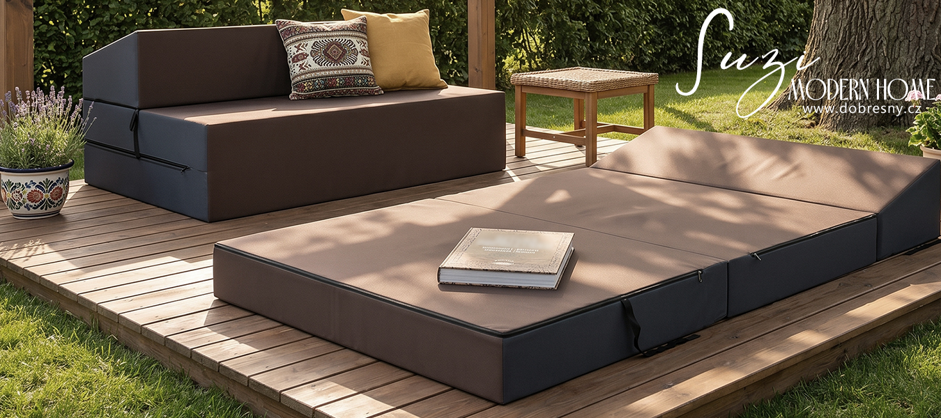 Rozkládací zahradní pohovka SUZI GARDEN HNĚDÁ voděodolná 120x200 výška 14 cm