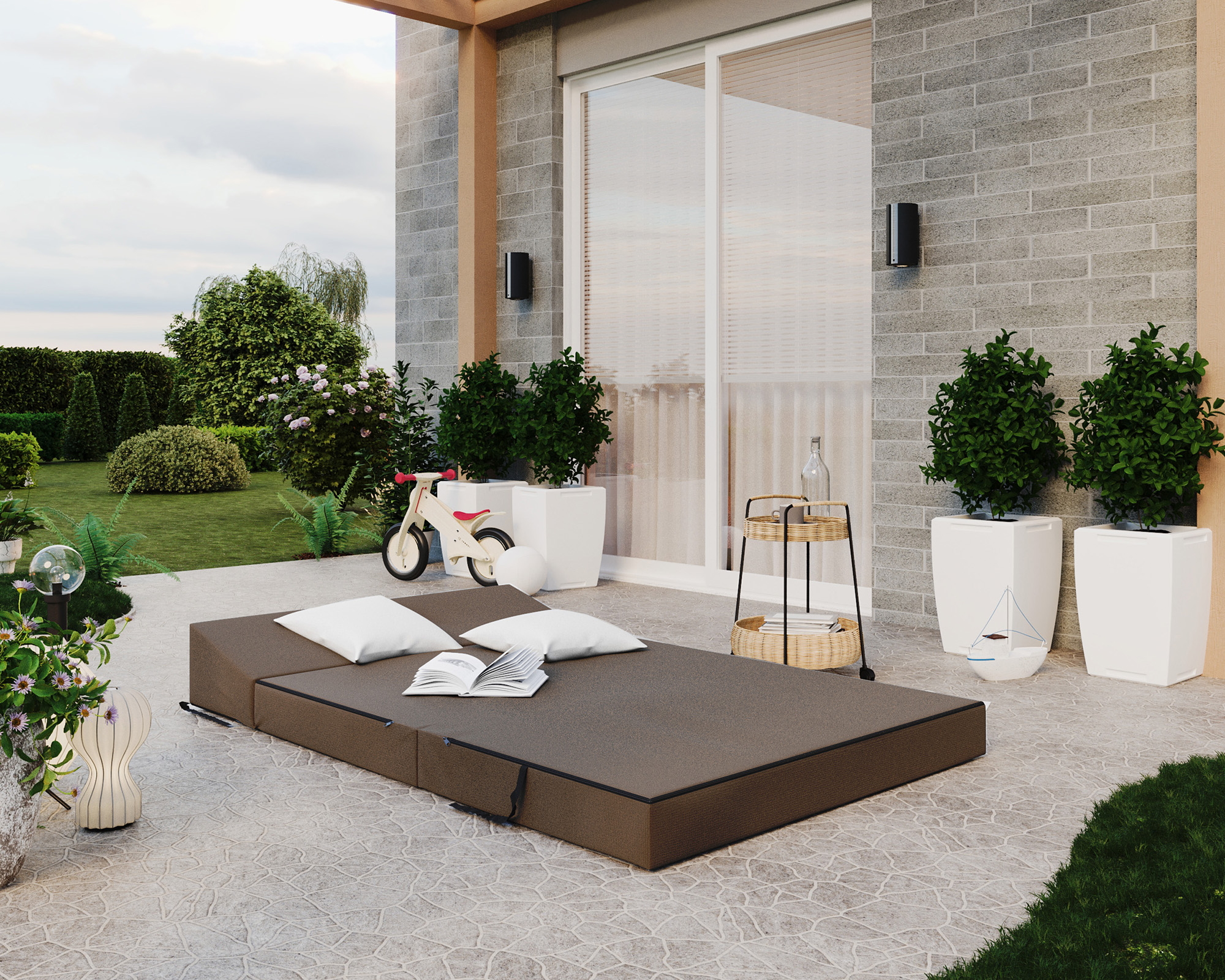 Rozkládací zahradní pohovka SUZI GARDEN HNĚDÁ voděodolná 120x200 výška 14 cm