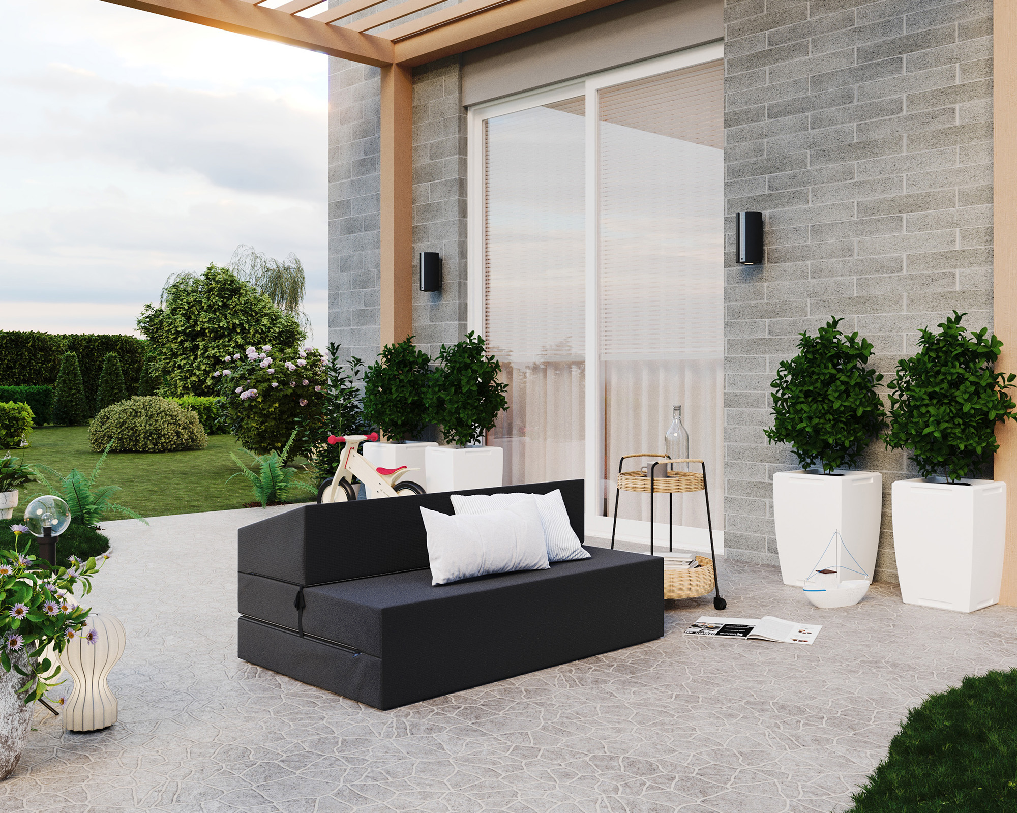 Rozkládací zahradní pohovka SUZI GARDEN ČERNÁ voděodolná 120x200 výška 14 cm