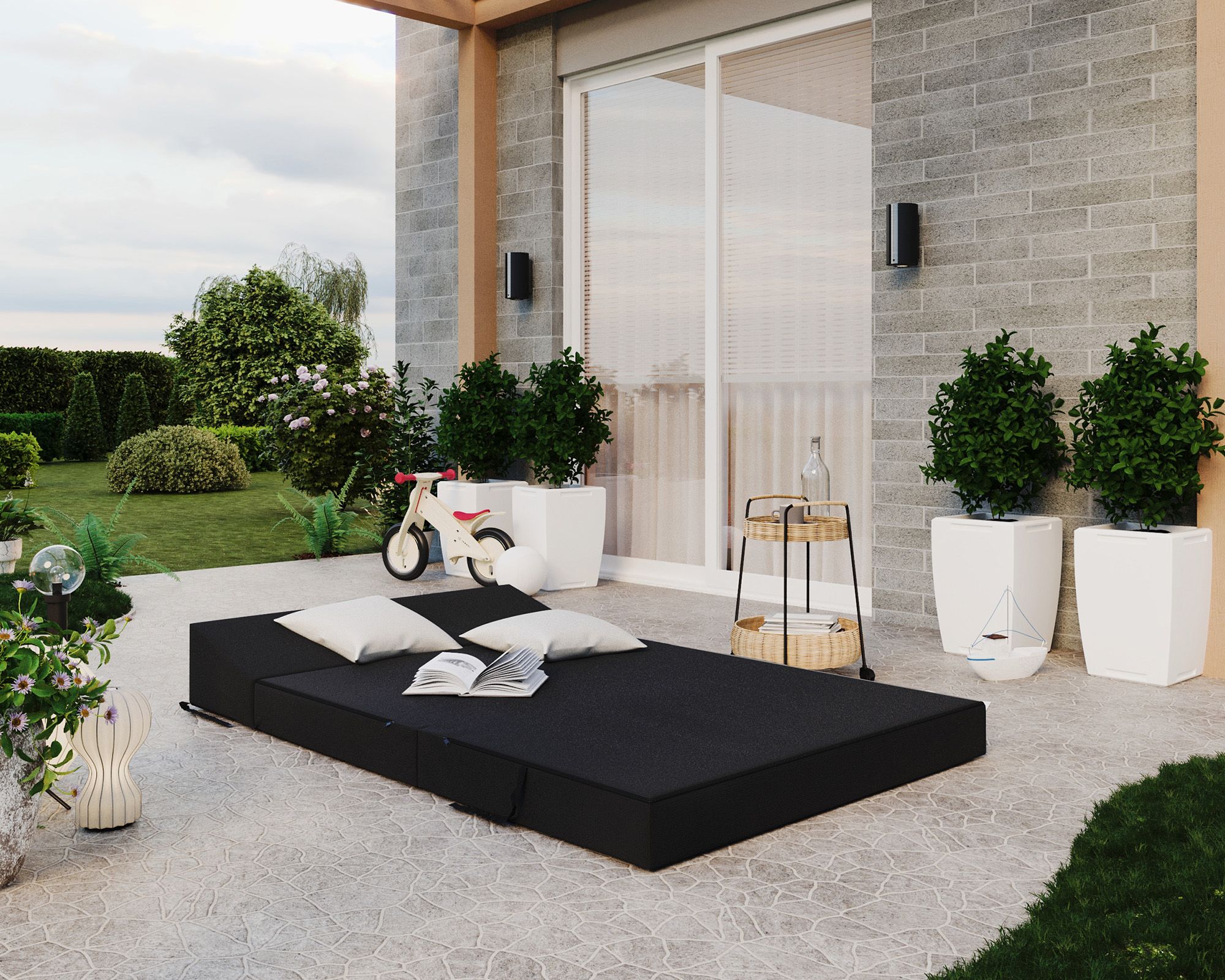 Rozkládací zahradní pohovka SUZI GARDEN ČERNÁ voděodolná 120x200 výška 14 cm