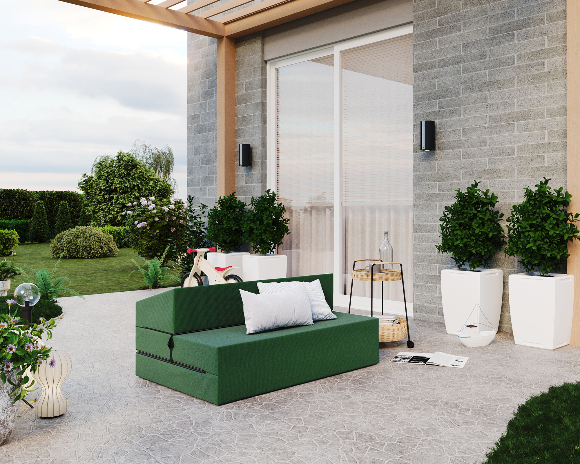 Rozkládací zahradní pohovka SUZI GARDEN ZELENÁ voděodolná 120x200 výška 14 cm