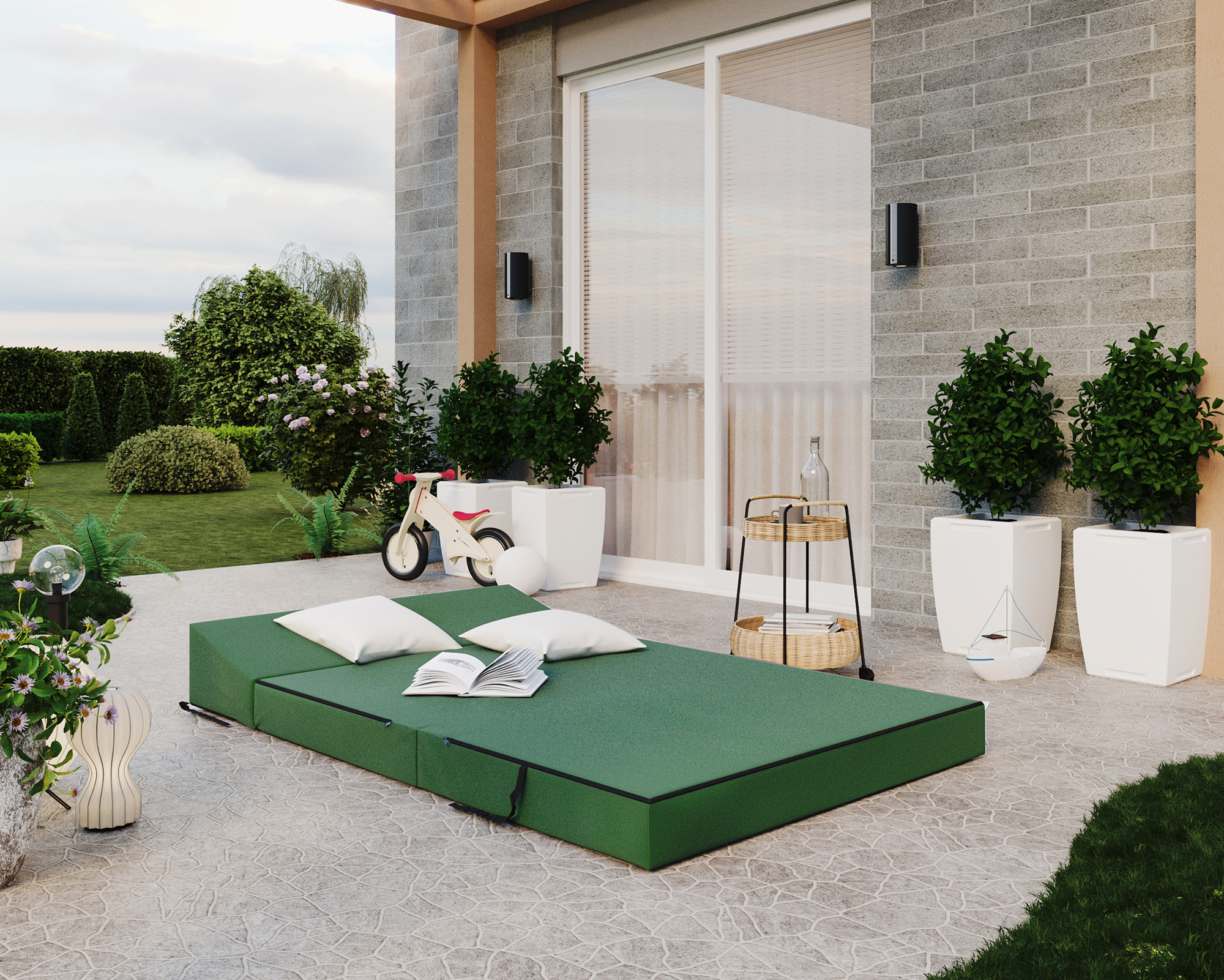Rozkládací zahradní pohovka SUZI GARDEN ZELENÁ voděodolná 120x200 výška 14 cm