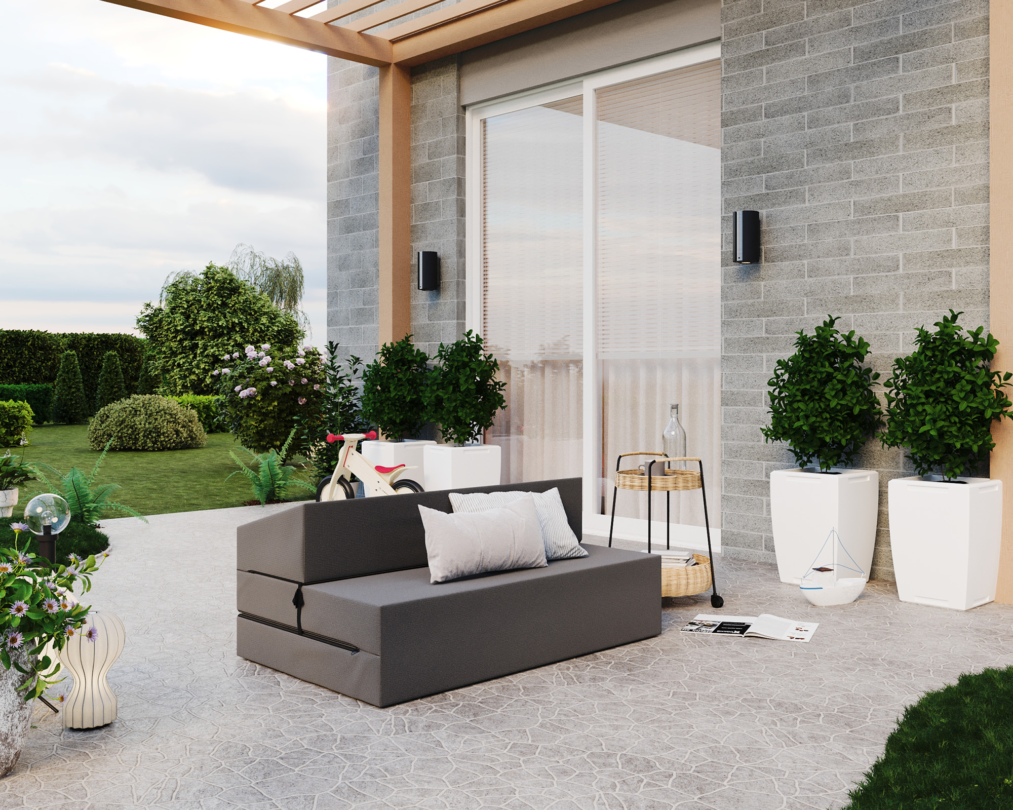 Rozkládací zahradní pohovka SUZI GARDEN ŠEDÁ voděodolná 120x200 výška 14 cm