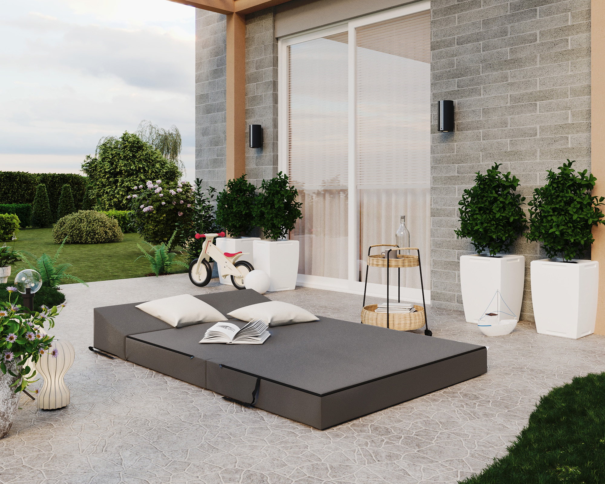 Rozkládací zahradní pohovka SUZI GARDEN ŠEDÁ voděodolná 120x200 výška 14 cm
