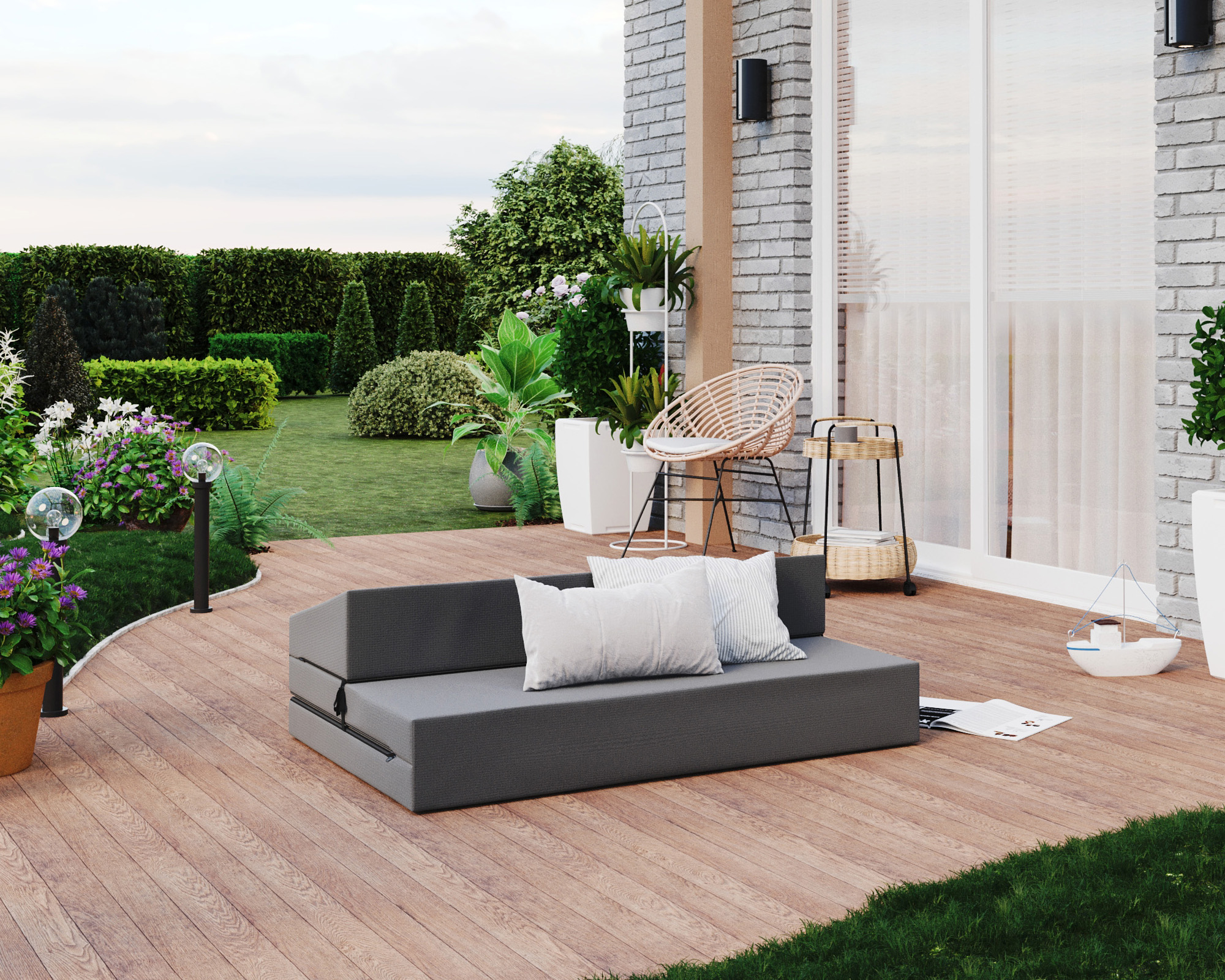 Rozkládací zahradní pohovka SUZI GARDEN ŠEDÁ voděodolná 120x200 výška 9 cm