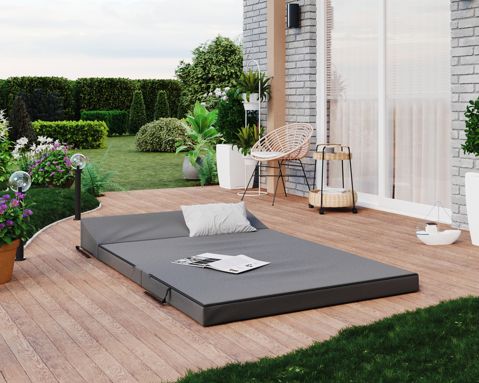 Rozkládací zahradní pohovka SUZI GARDEN ŠEDÁ voděodolná 120x200 výška 9 cm
