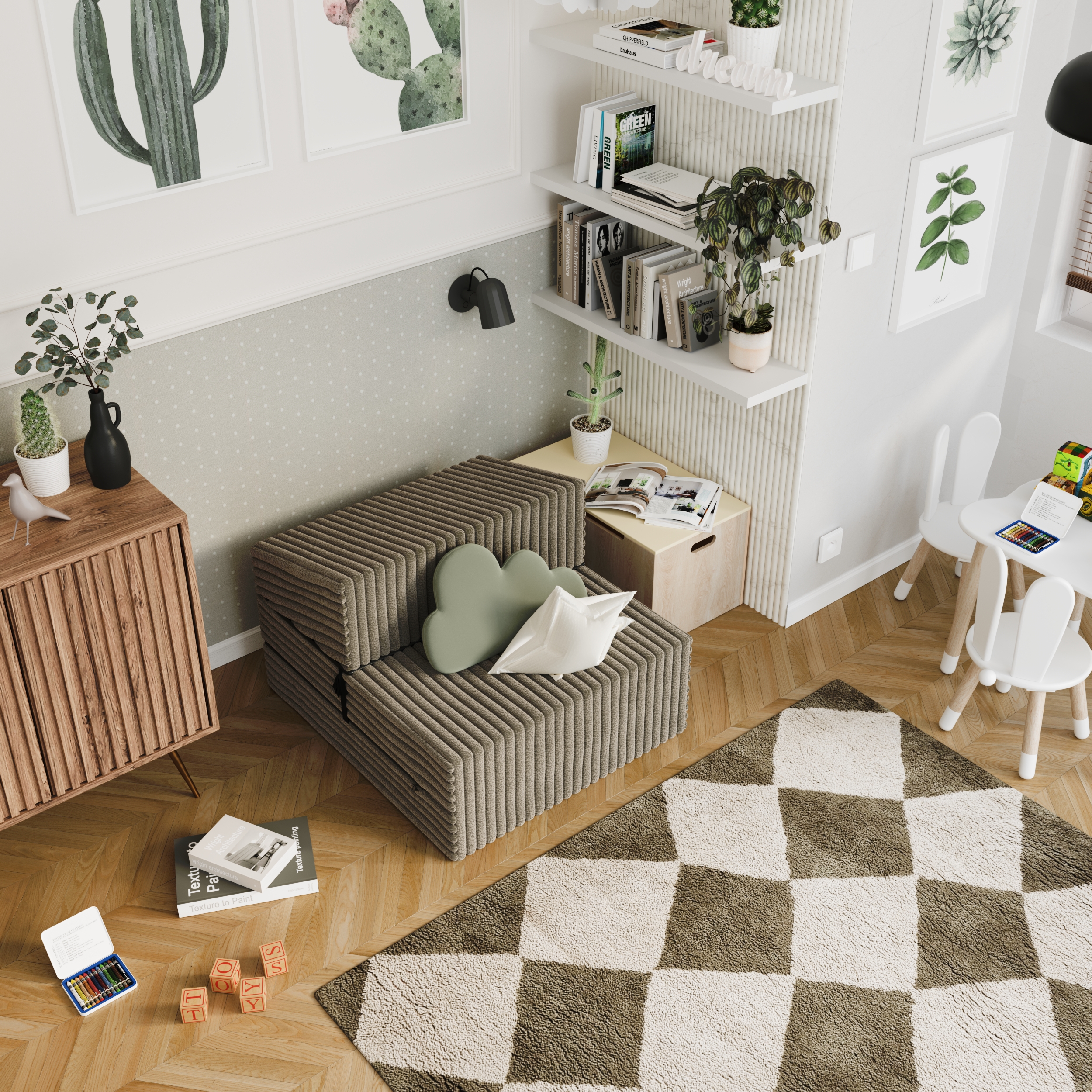 Rozkládací pohovka SUZI OLIVOVĚ ZELENÁ SZTRUKS 70x200 výška 14 cm