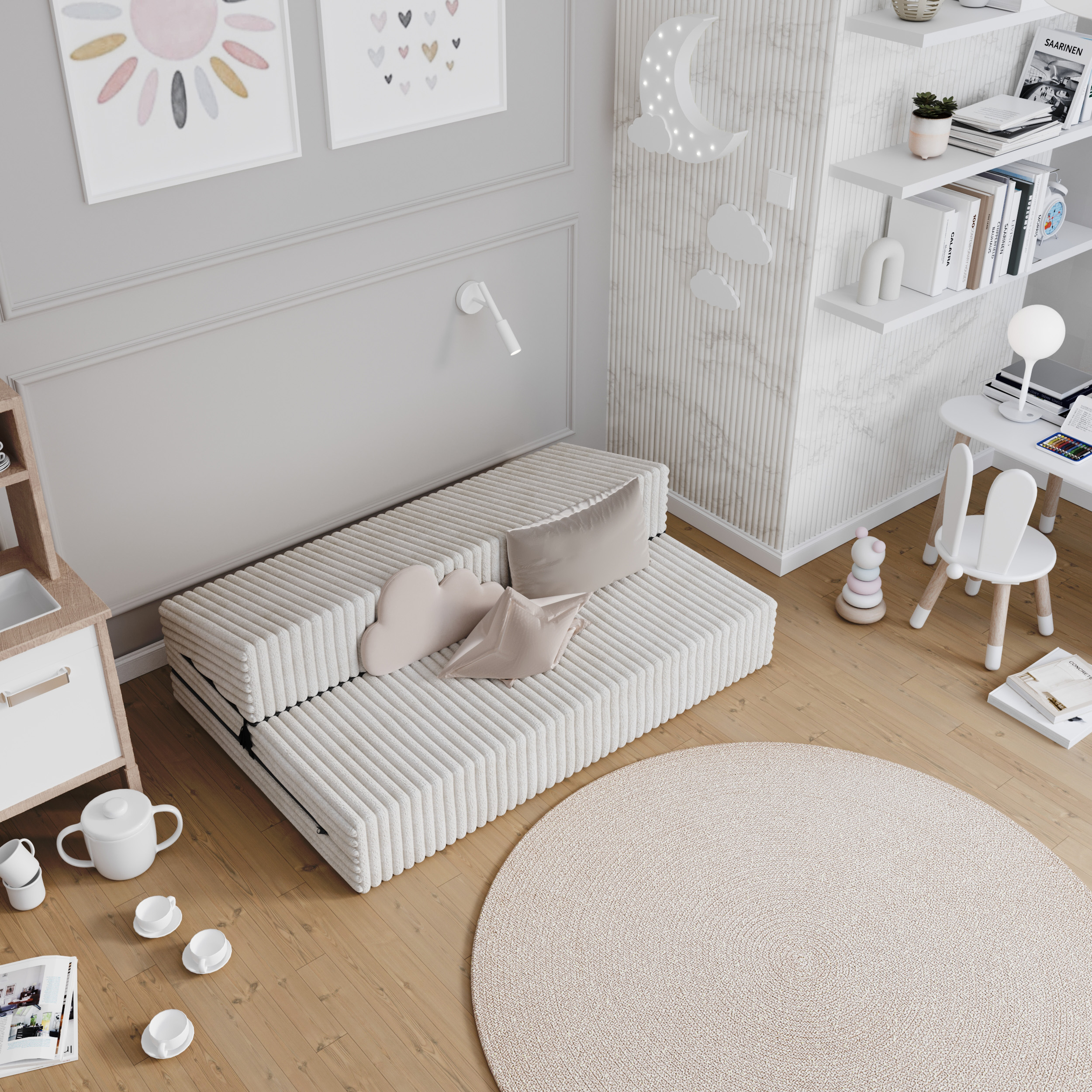 Rozkládací pohovka SUZI BÍLÁ SZTRUKS 120x200 výška 9 cm