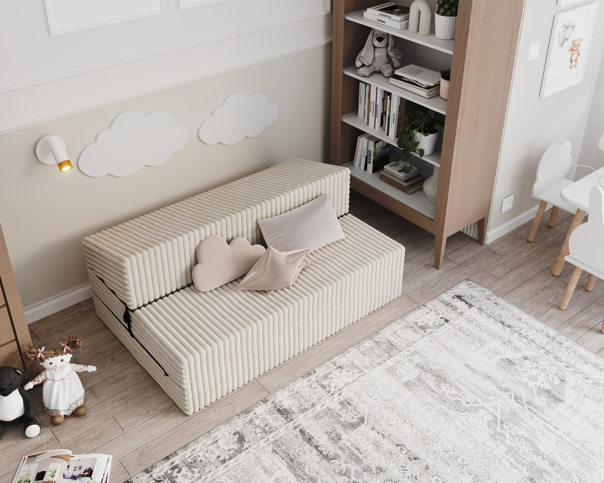 Rozkládací pohovka SUZI BÍLÁ SZTRUKS 120x200 výška 14 cm