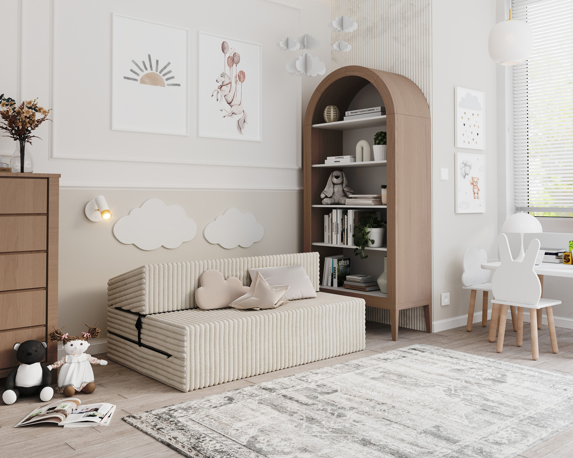 Rozkládací pohovka SUZI BÍLÁ SZTRUKS 120x200 výška 14 cm