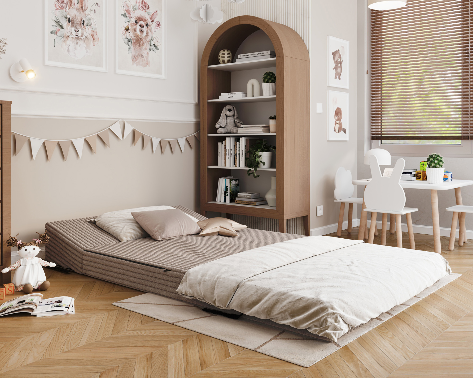 Rozkládací pohovka SUZI BÉŽOVÁ SZTRUKS 120x200 výška 14 cm