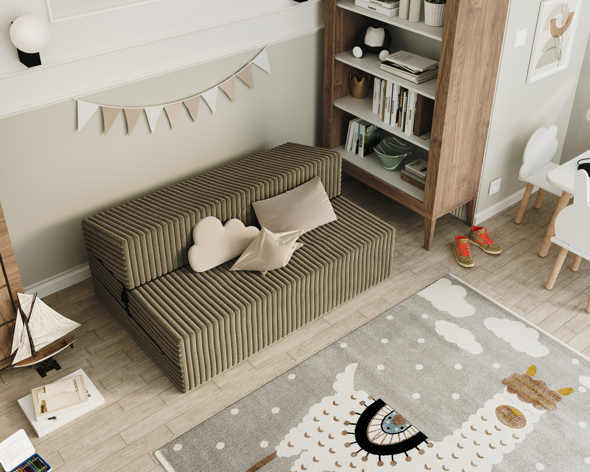 Rozkládací pohovka SUZI OLIVOVĚ ZELENÁ SZTRUKS 120x200 výška 14 cm