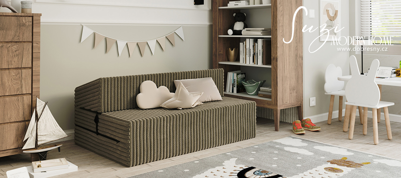 Rozkládací pohovka SUZI OLIVOVĚ ZELENÁ SZTRUKS 120x200 výška 14 cm